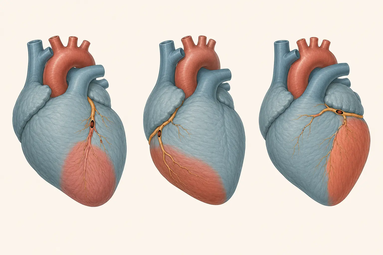 Três corações em vista anterior, cada um mostrando uma única oclusão — descendente anterior, coronária direita ou circunflexa — e o território miocárdico correspondente.