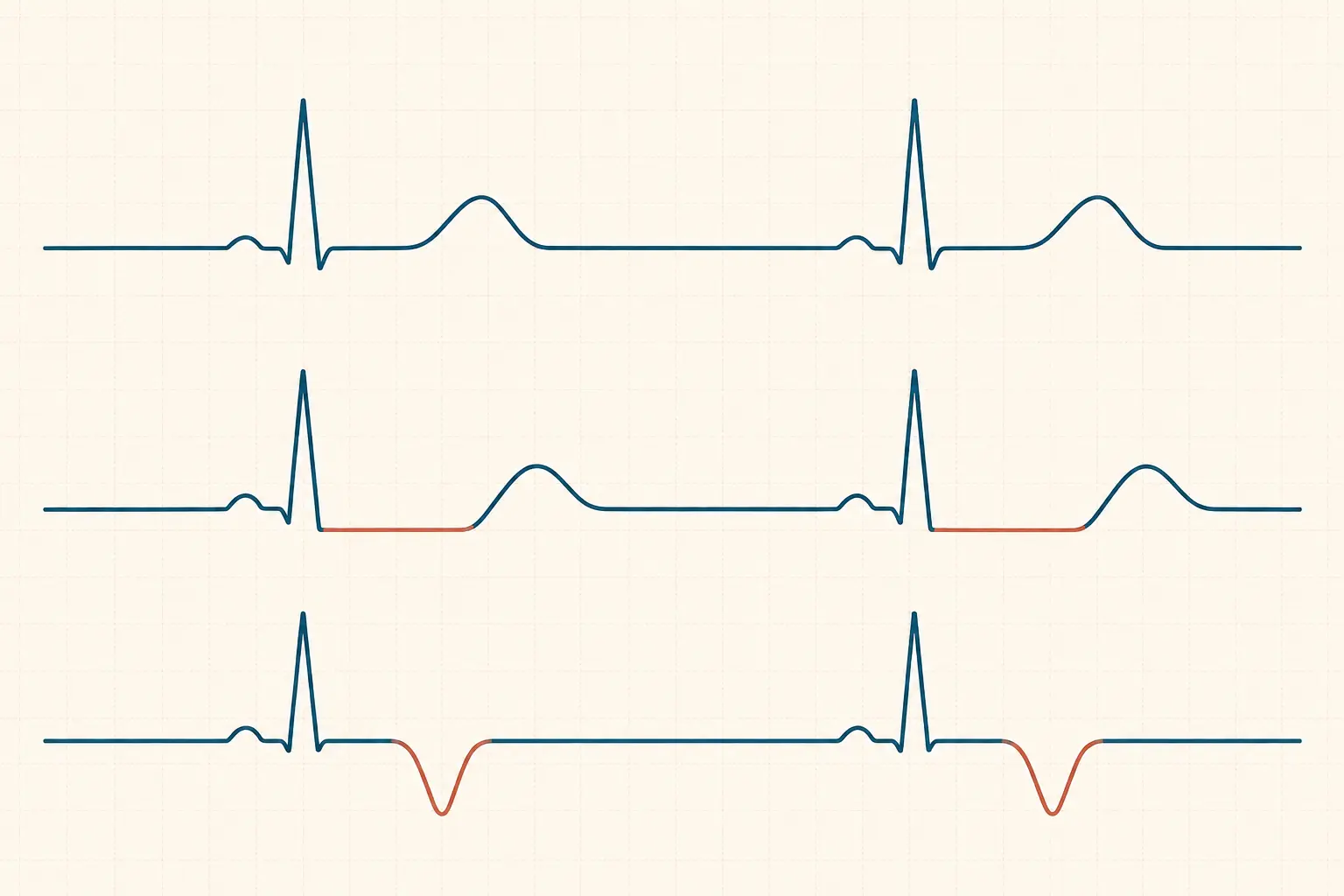 Três traçados eletrocardiográficos empilhados: um normal, um com infradesnivelamento horizontal do segmento ST e um com onda T profundamente invertida e simétrica.