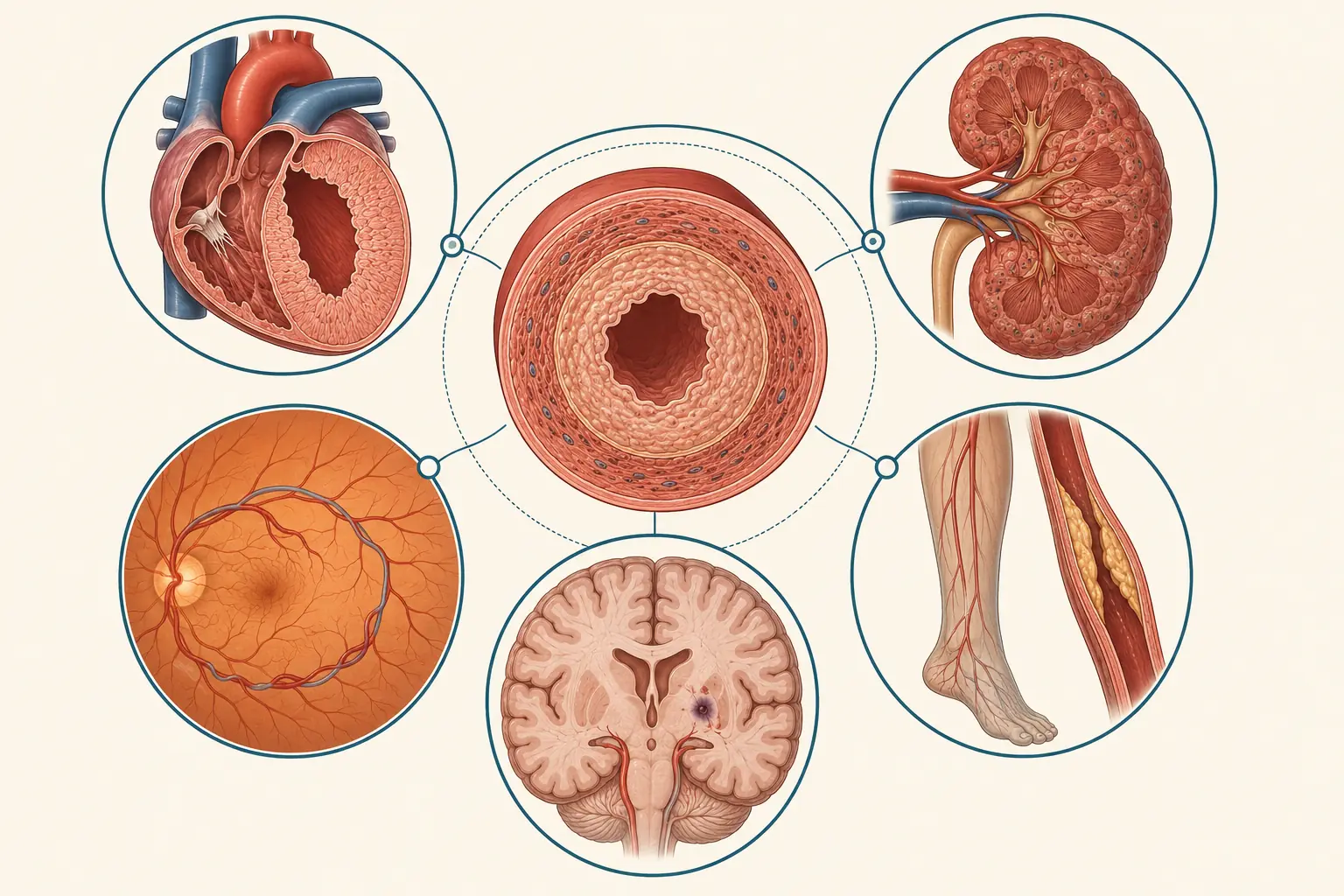 Ilustração com cinco alvos da hipertensão dispostos ao redor de uma artéria em corte: coração com ventrículo esquerdo espessado, rim com vasos estreitados, olho com arteríolas da retina, cérebro com vasos perfurantes e artéria de membro inferior.