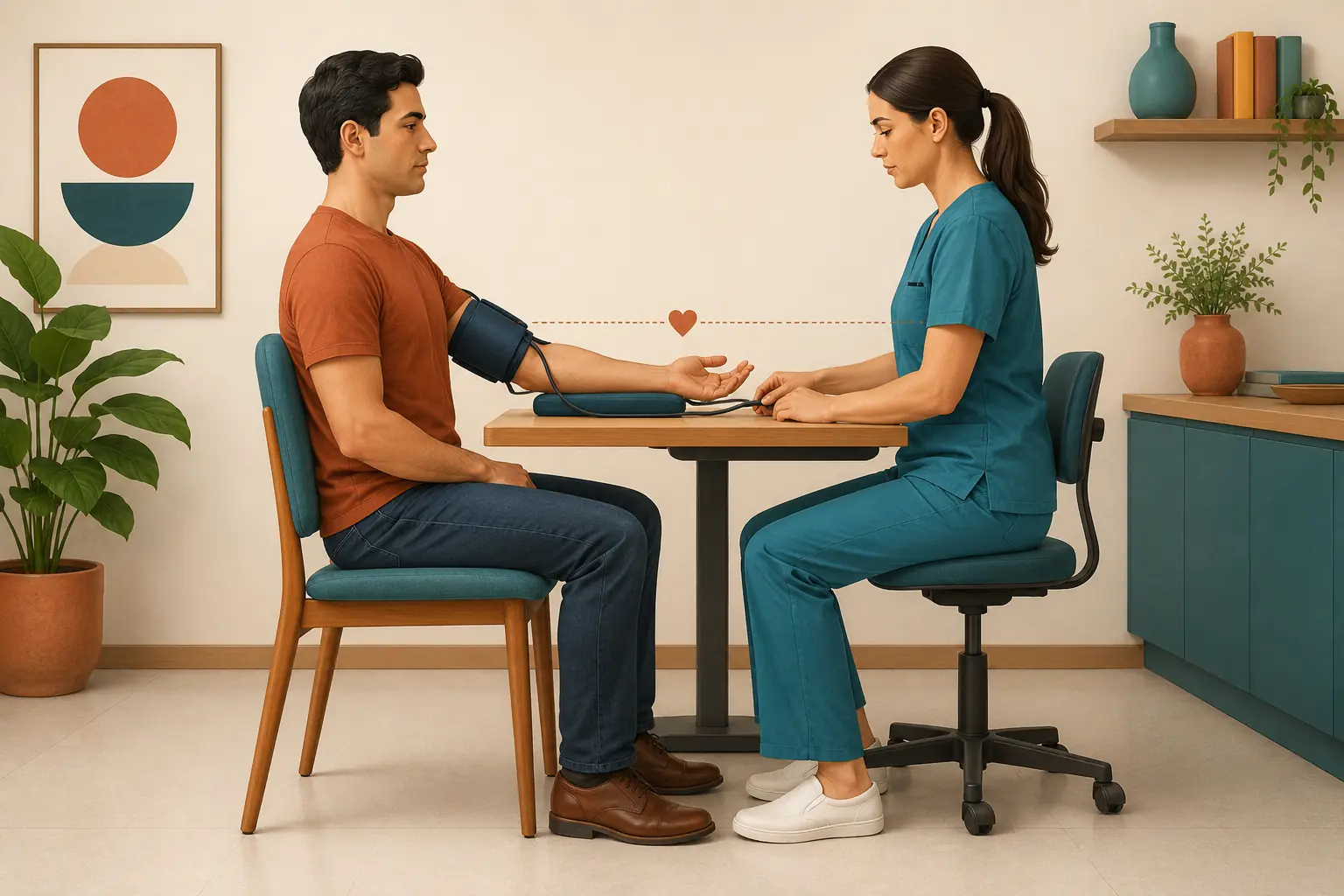 Ilustração de paciente sentado tendo a pressão arterial medida com postura correta: costas apoiadas, pés no chão, pernas descruzadas e braço nu apoiado na altura do coração com a palma para cima.