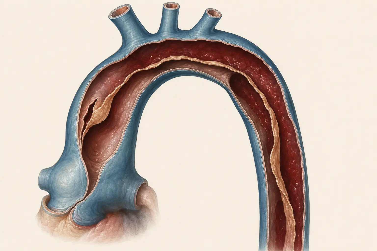 Ilustração em corte da aorta torácica com dissecção aguda: rasgo na camada íntima e um retalho separando a luz verdadeira de uma falsa luz preenchida por sangue que se propaga ao longo da parede do vaso.