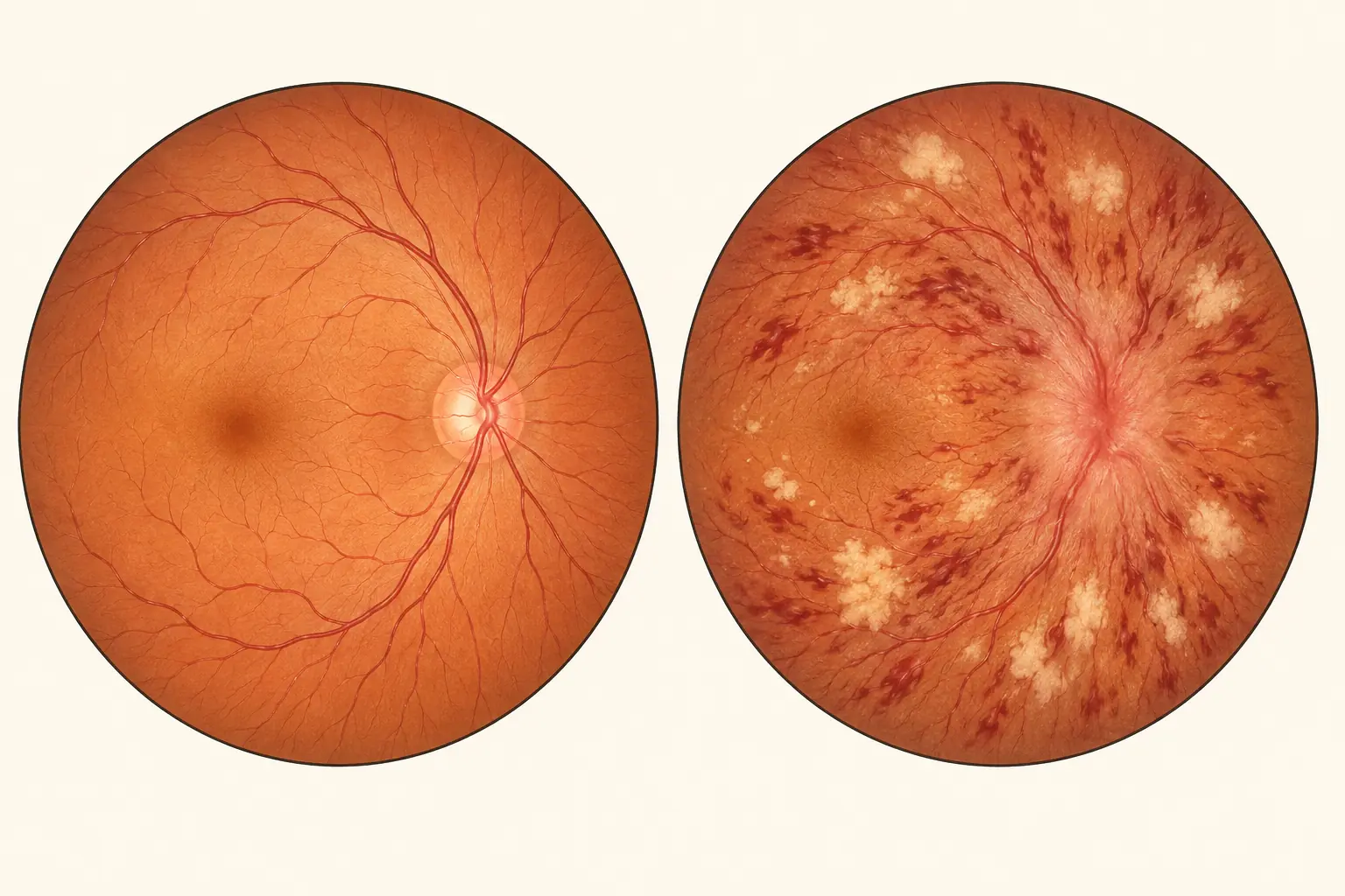 Duas imagens circulares de fundo de olho lado a lado: à esquerda um fundo normal, com disco óptico de margens nítidas e arteríolas finas; à direita, hemorragias em chama de vela, manchas algodonosas e disco óptico com margens borradas e elevadas.