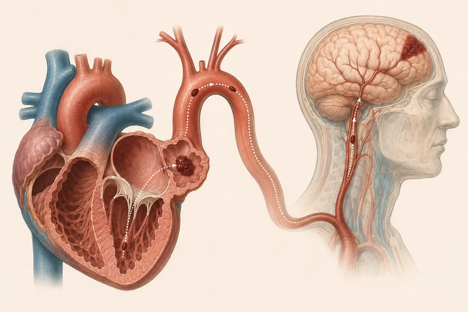 Ilustração do coração em corte mostrando trombo no apêndice atrial esquerdo e o trajeto do êmbolo até o cérebro.