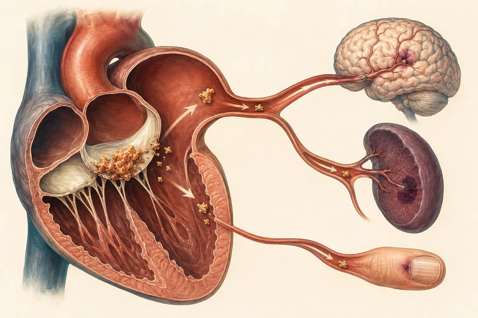 Corte do coração esquerdo com vegetação na valva mitral e fragmentos se soltando para a circulação arterial, alcançando cérebro, baço e extremidades.