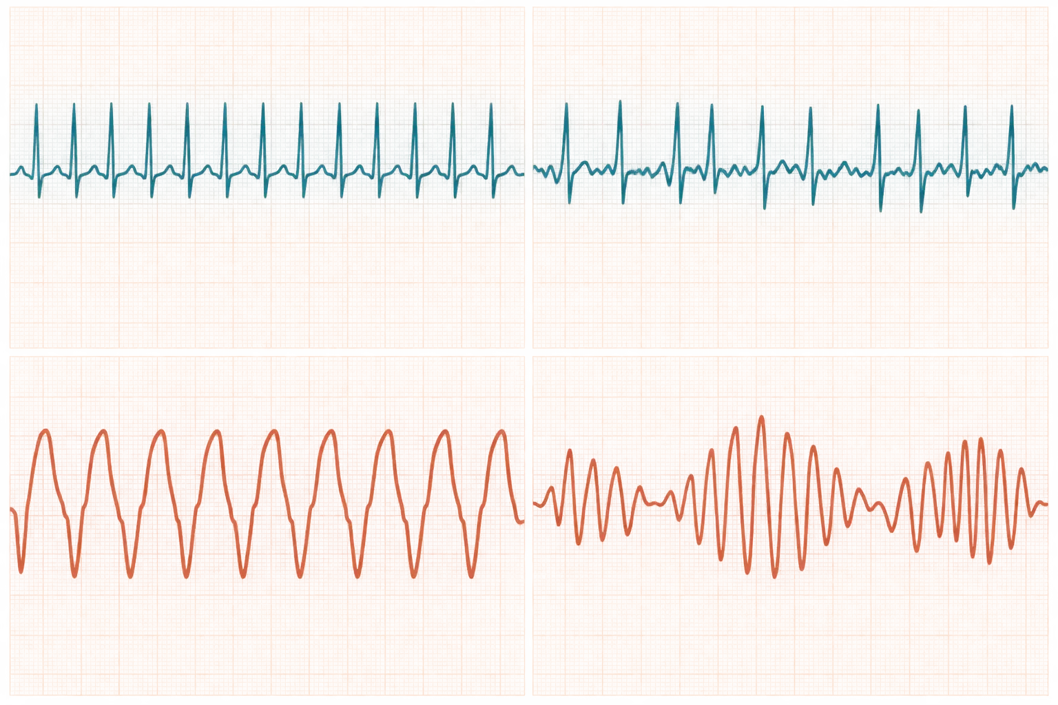 Painel com quatro tiras de ritmo estilizadas: taquicardia de QRS estreito regular, de QRS estreito irregular, de QRS largo regular e de QRS largo irregular com morfologia que se torce.