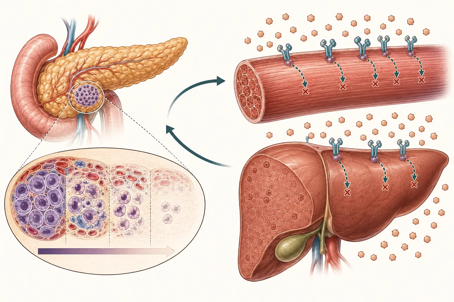 Ilustração esquemática da fisiopatologia do diabetes tipo 2, com pâncreas e células beta em falência progressiva à esquerda e músculo e fígado com glicose acumulada fora da célula à direita, representando resistência insulínica periférica.