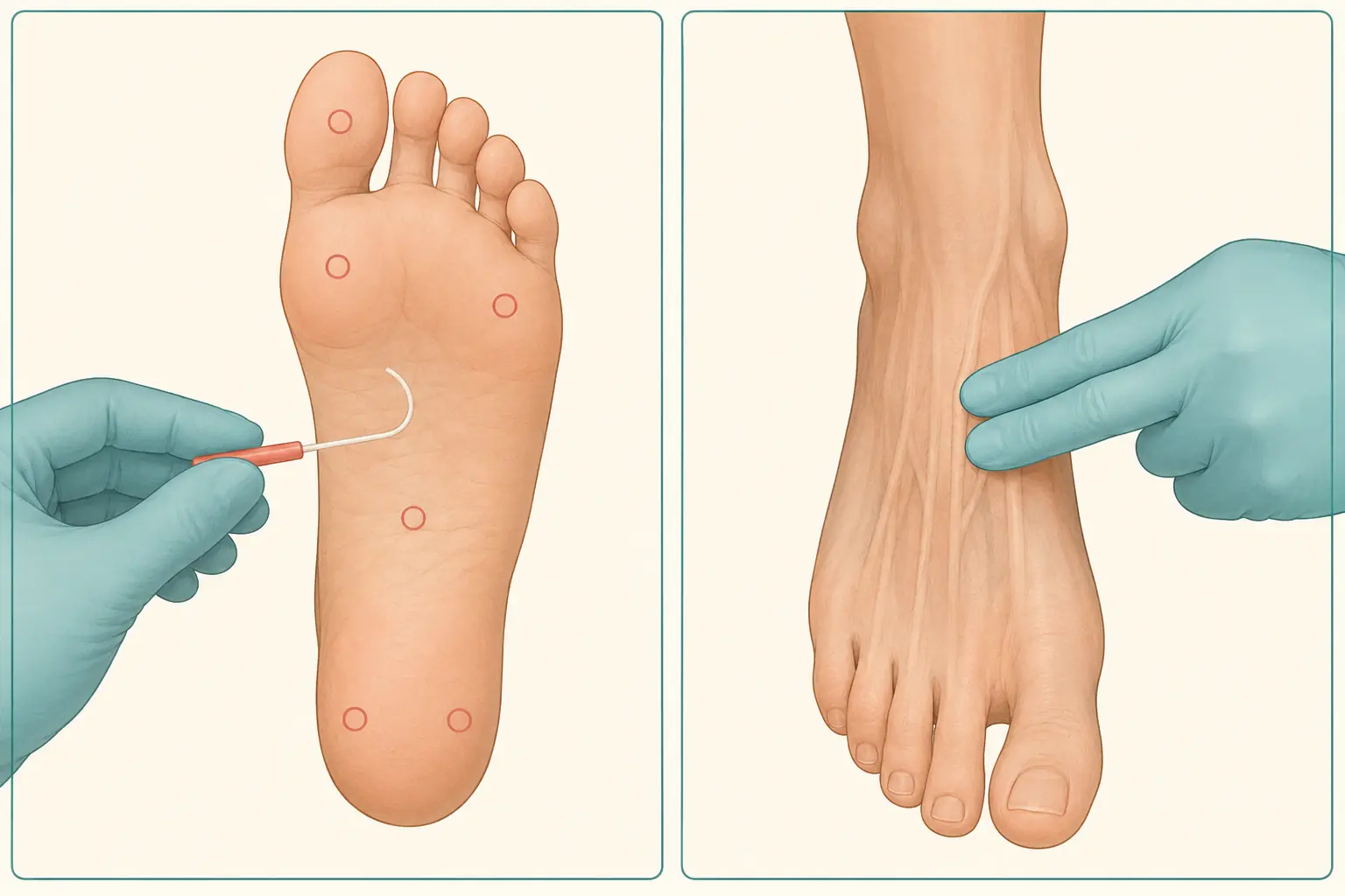 Ilustração do exame do pé diabético: monofilamento aplicado perpendicularmente à planta do pé até encurvar, com marcadores dos pontos de teste plantares, e palpação simultânea do pulso pedioso no dorso do pé.