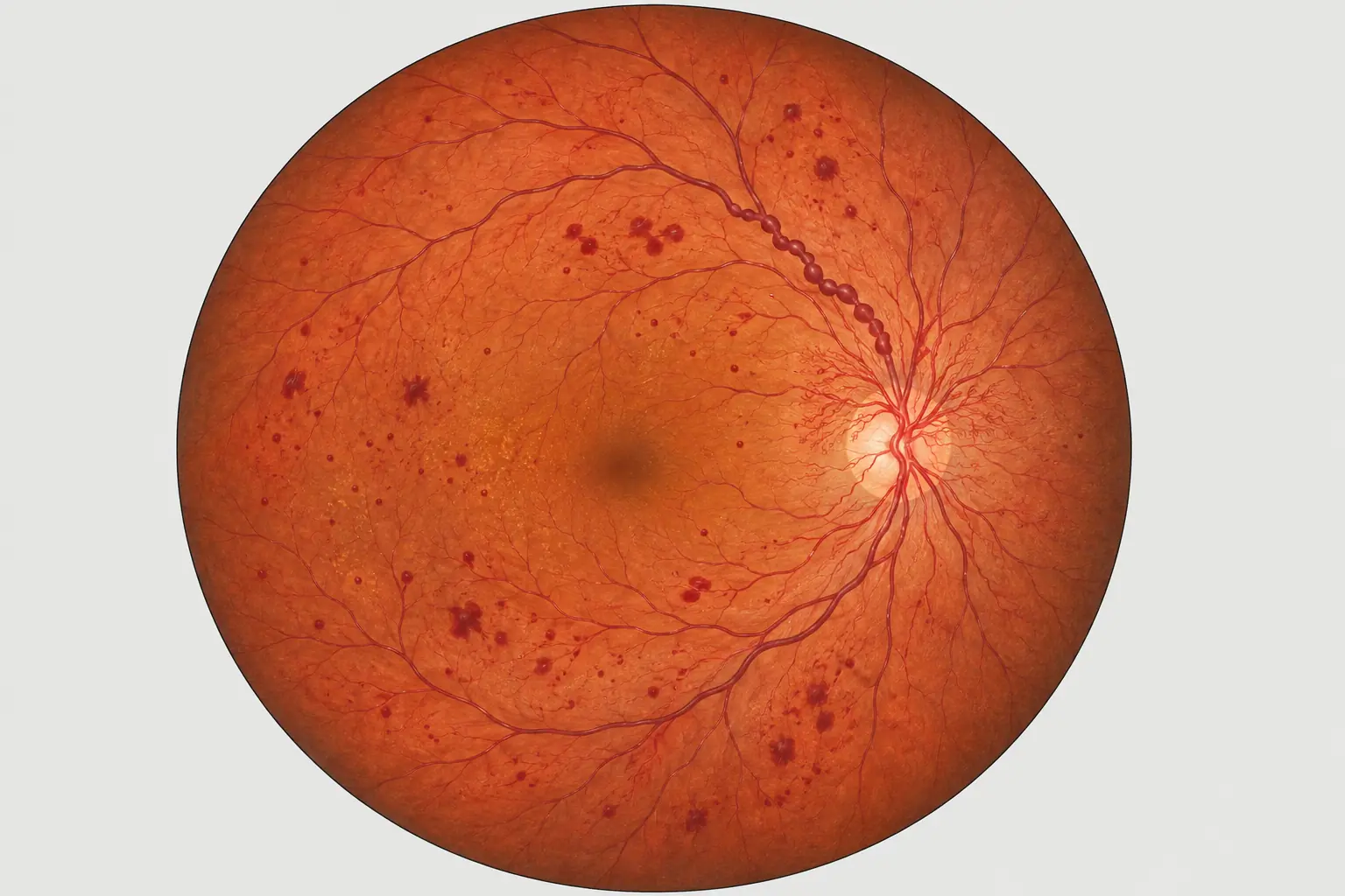Ilustração do fundo de olho na retinopatia diabética, com disco óptico, vasos, microaneurismas, hemorragias em vários quadrantes, dilatação venosa em rosário e um tufo de neovasos junto ao disco.