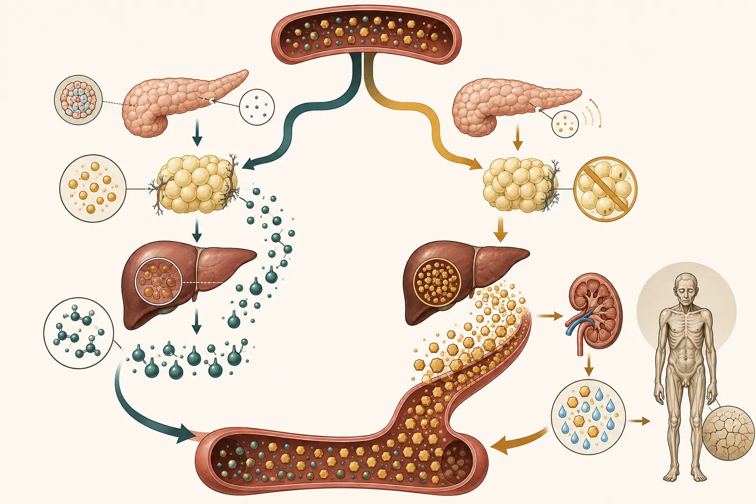 Diagrama em forquilha comparando a cetoacidose diabética, com lipólise e produção hepática de corpos cetônicos, e o estado hiperosmolar, com hiperglicemia extrema, perda renal de água e desidratação, partindo de um tronco comum.