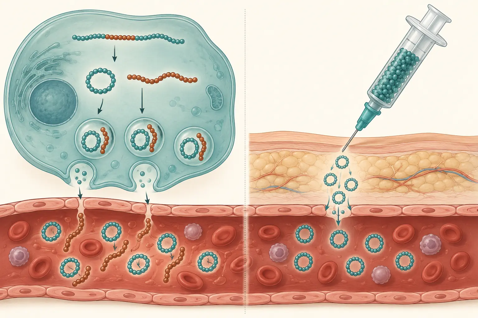 Ilustração comparando a secreção pancreática, em que insulina e peptídeo C saem juntos e em quantidades iguais do mesmo precursor, com a injeção de insulina externa, que chega à circulação desacompanhada de peptídeo C.