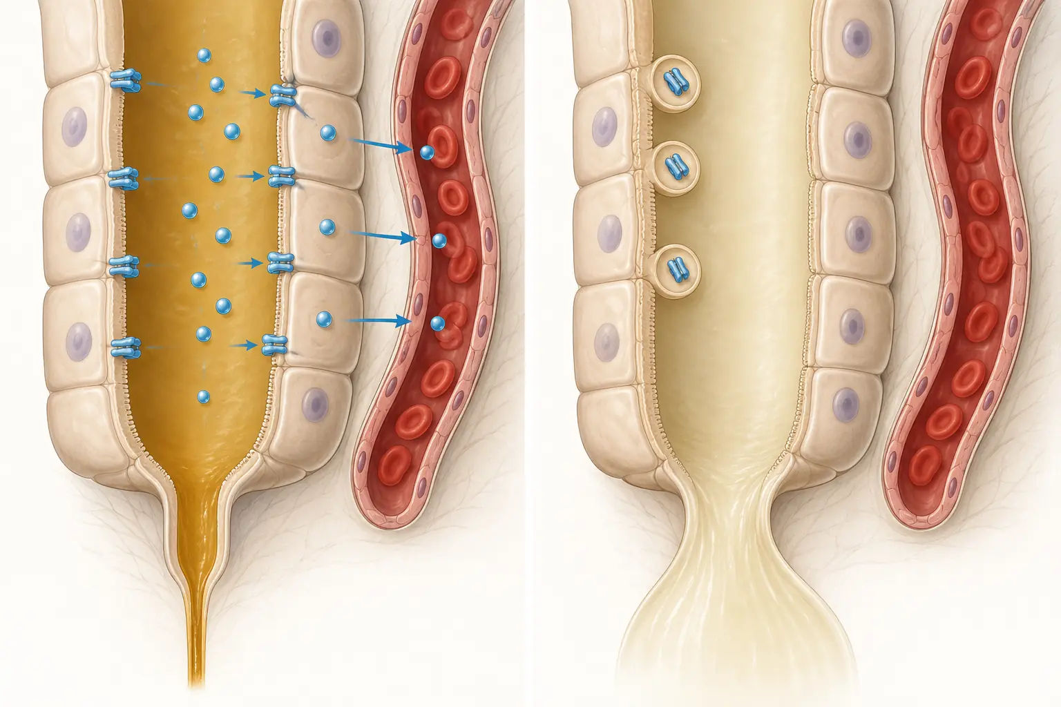 Dois segmentos de ducto coletor lado a lado: em um deles os canais de água estão inseridos na parede e setas mostram a água voltando para o capilar, com pequeno volume de urina escura saindo; no outro os canais estão recolhidos dentro das células, não há passagem de água e sai um grande volume de urina clara.