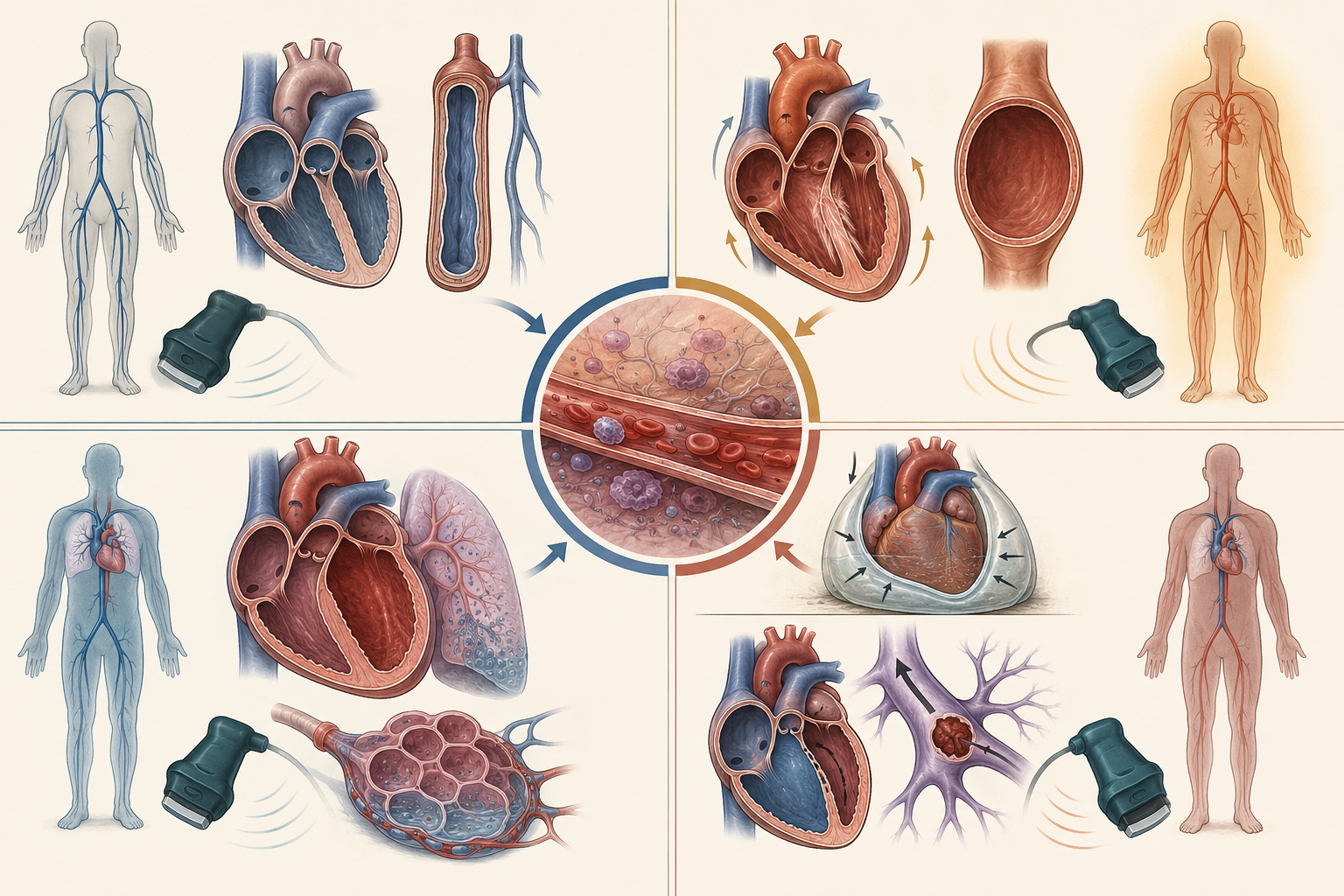 Quatro mecanismos de choque — hipovolêmico, distributivo, cardiogênico e obstrutivo — integrados a ecocardiografia, curva arterial, refill capilar e lactato.