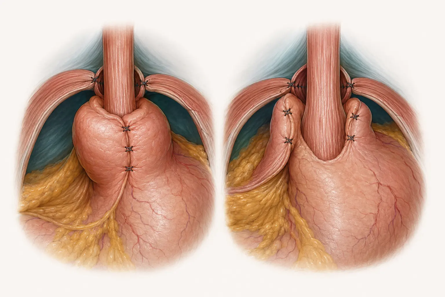 Duas vistas cirúrgicas lado a lado da fundoplicatura: à esquerda a válvula total de 360 graus, com o fundo gástrico circundando por completo o esôfago distal; à direita a válvula parcial posterior de cerca de 270 graus, que deixa livre a parede anterior do esôfago.