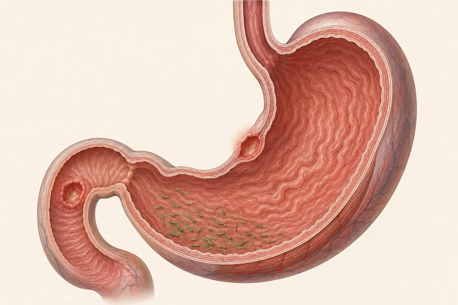 Corte do estômago e do duodeno mostrando uma úlcera no bulbo duodenal, outra na incisura da pequena curvatura e bactérias espiraladas concentradas sobre o antro.
