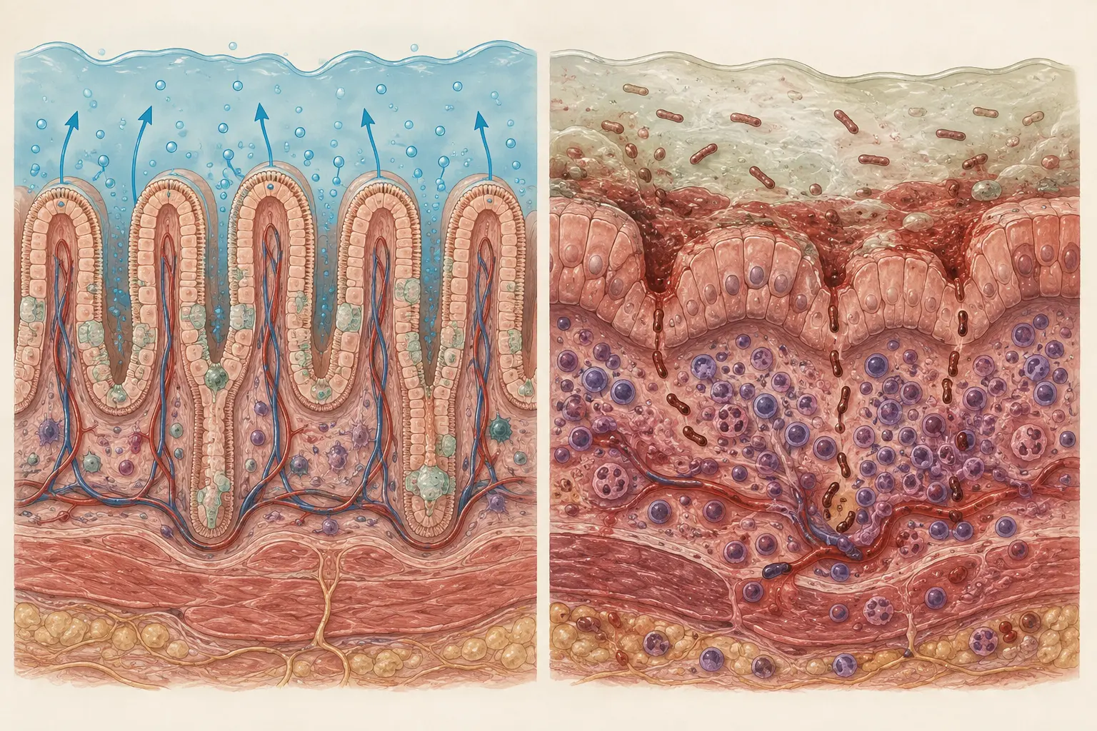 Corte do intestino delgado com lúmen cheio de líquido claro ao lado de corte do cólon com mucosa ulcerada e conteúdo com sangue e muco.
