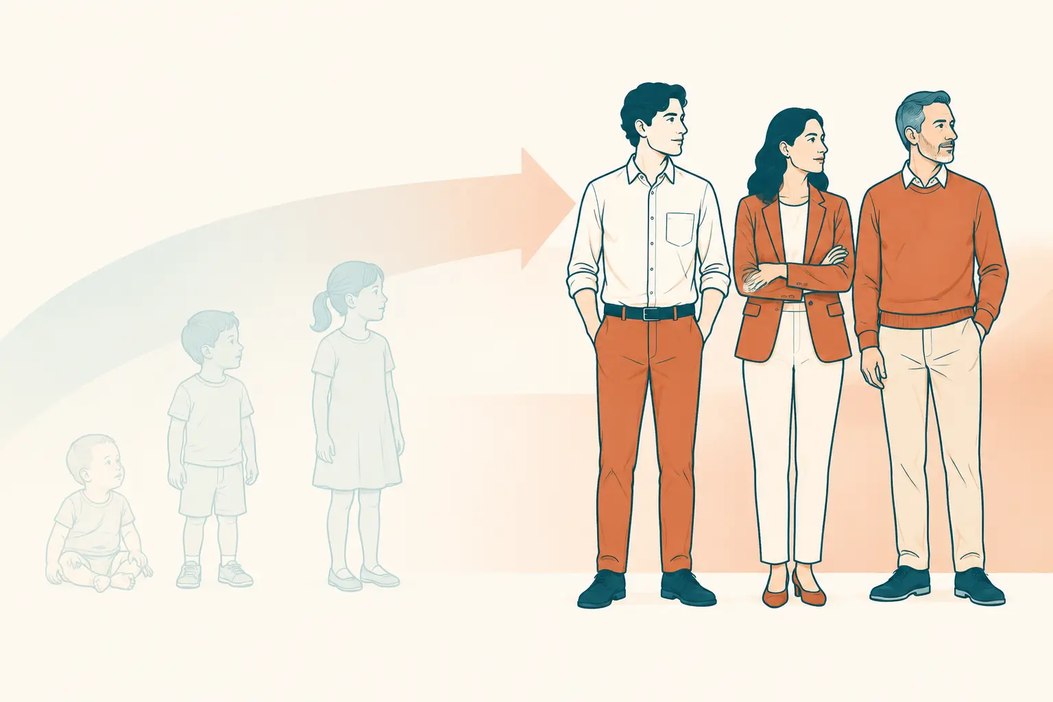 Silhuetas de três crianças, desenhadas em traço apagado, contrapostas a três silhuetas de adultos em traço forte.