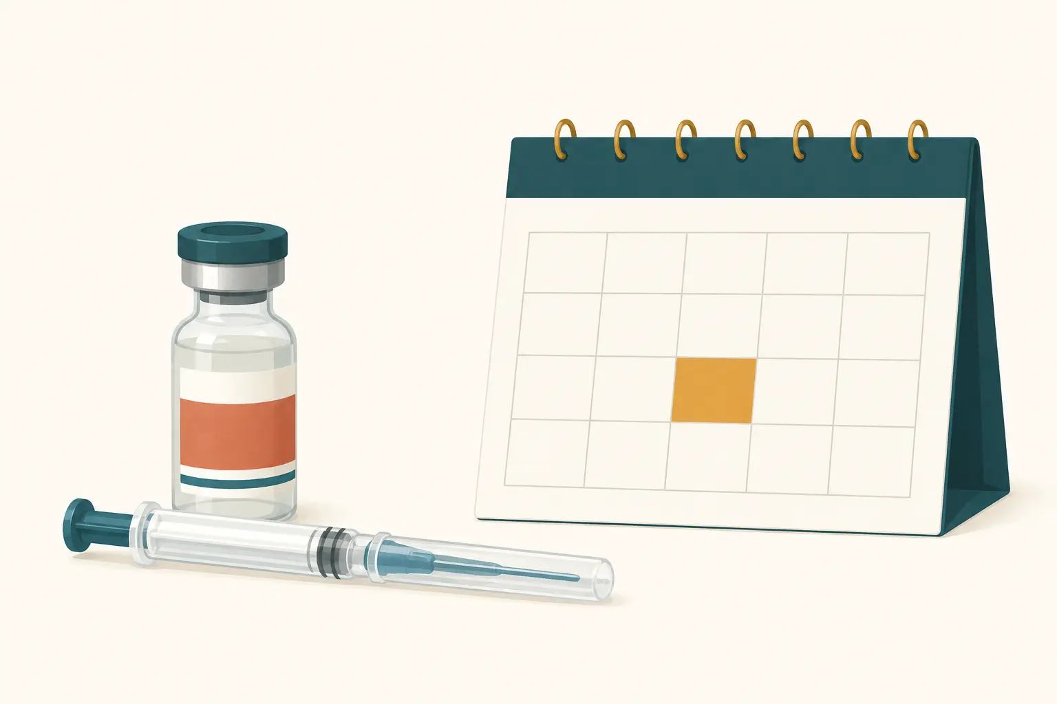 Frasco de vacina e seringa ao lado de um cartão de calendário com uma única célula destacada.