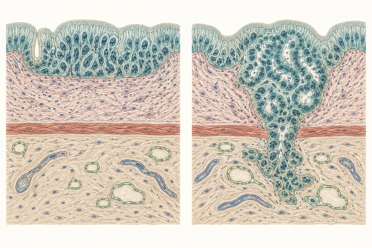 Duas fitas esquemáticas da parede intestinal, lado a lado. Na da esquerda, um agrupamento de células escuras fica inteiramente acima da linha fina que separa a mucosa da camada seguinte. Na da direita, o agrupamento atravessa essa linha e alcança pequenos canais da camada de baixo.