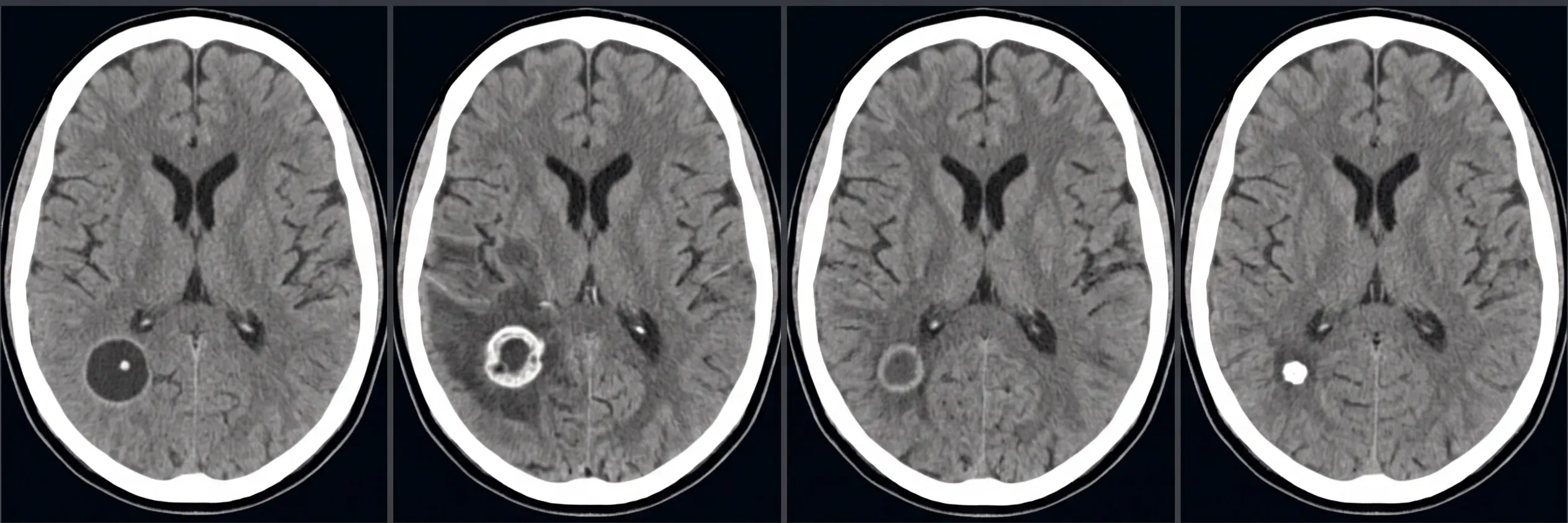Quatro tomografias axiais do cérebro mostrando, em sequência, cisto vesicular com escólex e sem edema, lesão anelar com edema, nódulo em involução e nódulo calcificado sem edema.