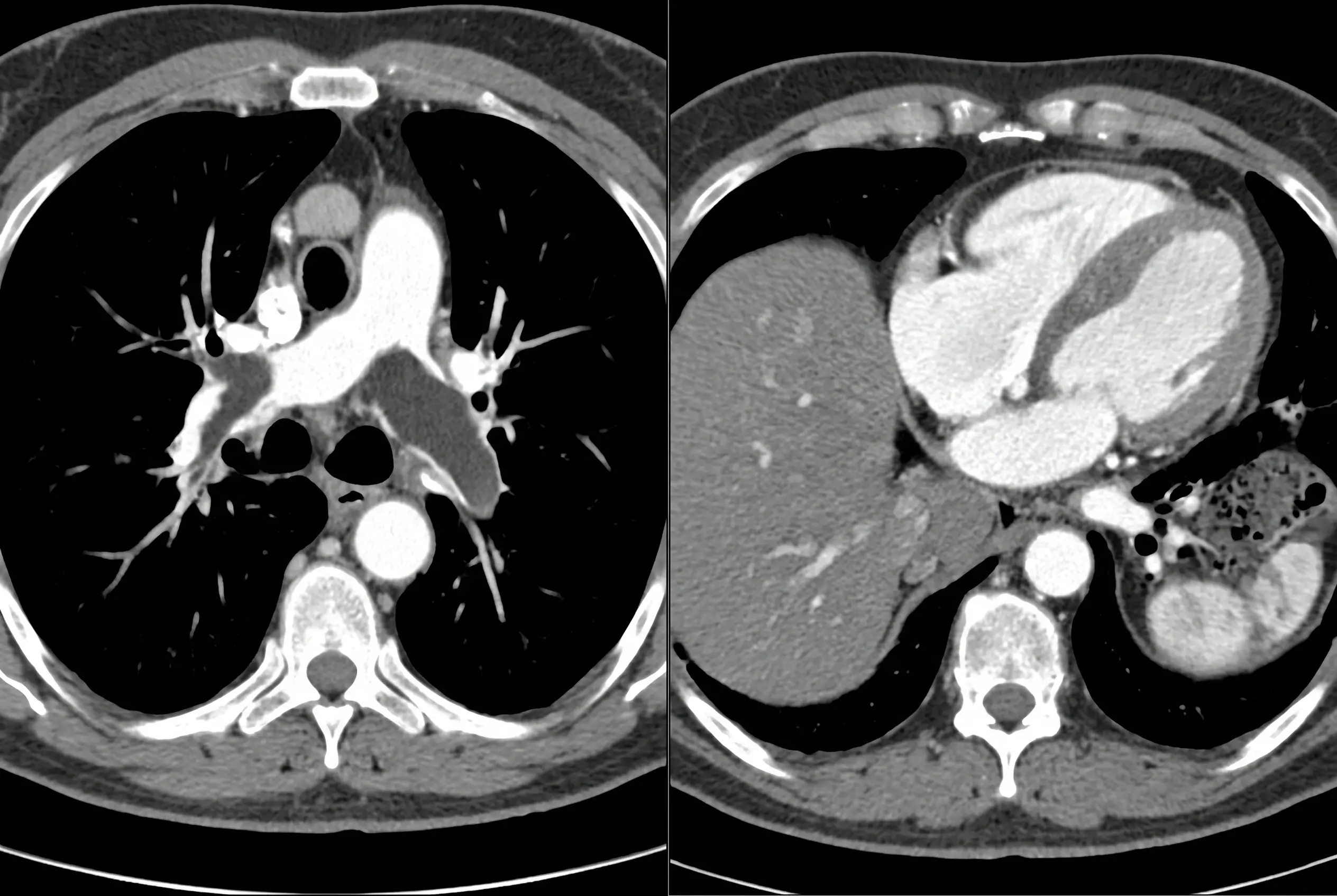 Dois cortes axiais de angiotomografia: à esquerda, êmbolo em sela na bifurcação pulmonar; à direita, ventrículo direito maior que o esquerdo com septo interventricular retificado.