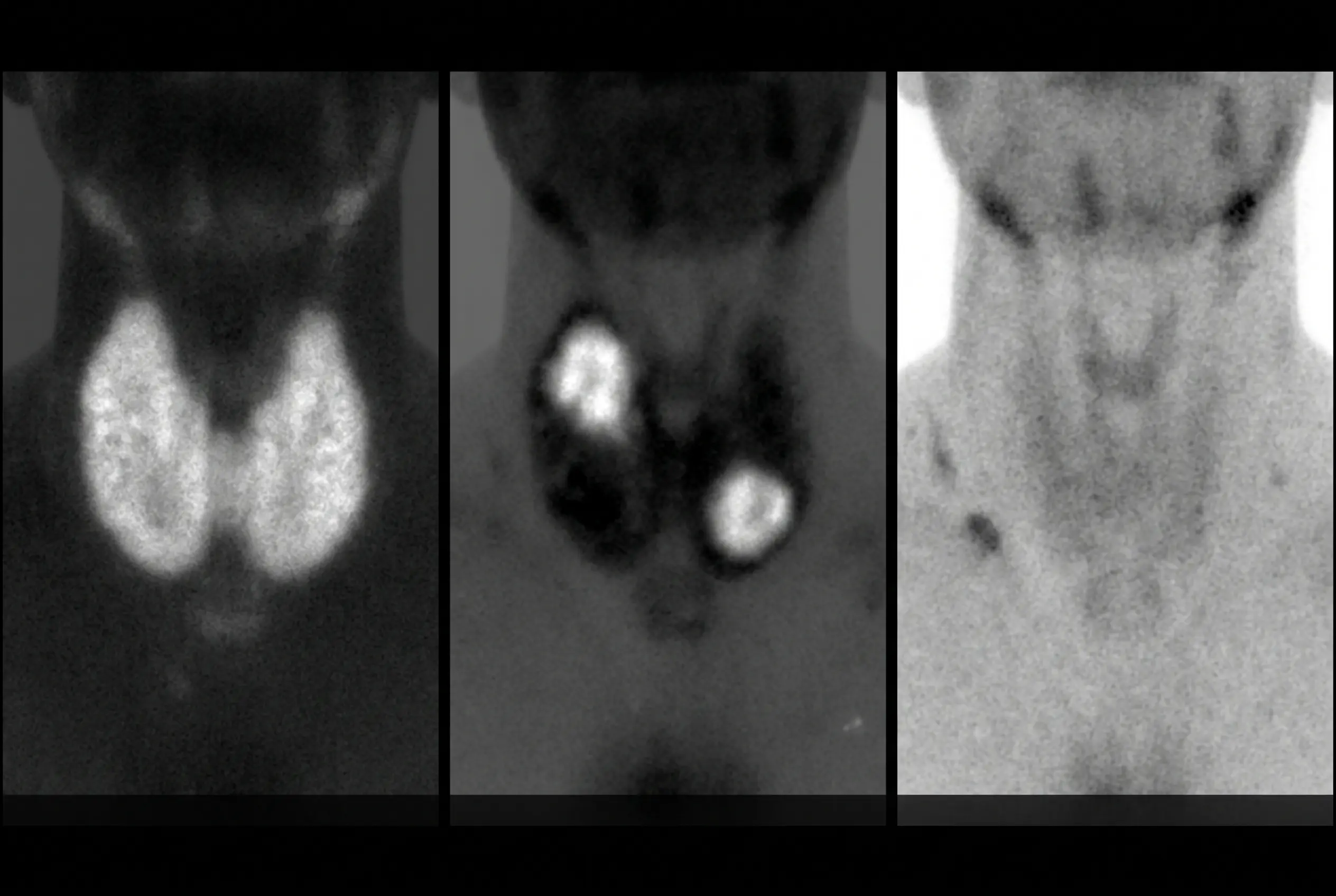 Três cintilografias planares da tireoide: captação difusa e homogênea aumentada, dois focos hipercaptantes com supressão do restante da glândula e captação global praticamente ausente.