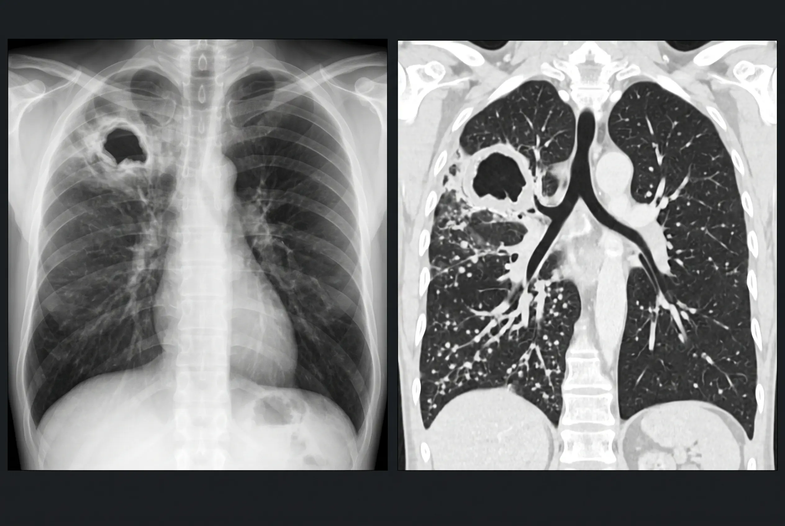 Radiografia PA e tomografia coronal de tórax com cavidade única de parede espessa no lobo superior direito, consolidação adjacente e pequenos nódulos de disseminação broncogênica.
