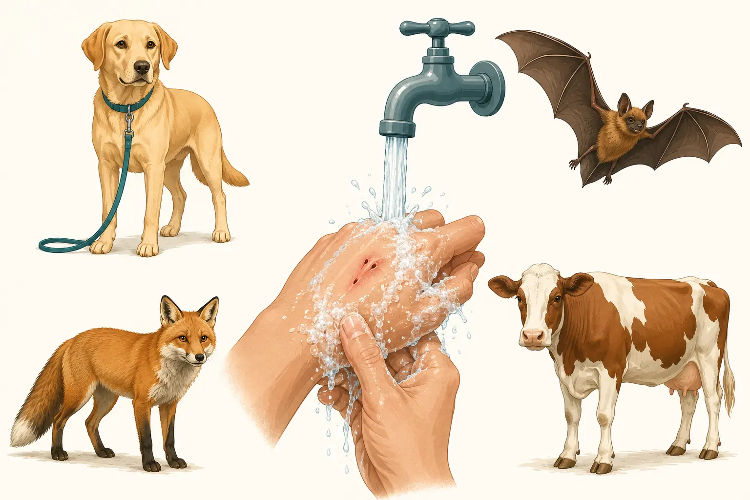 Ilustração de uma mão ferida sendo lavada sob água corrente, cercada por quatro animais: cão em observação, morcego, raposa e boi.