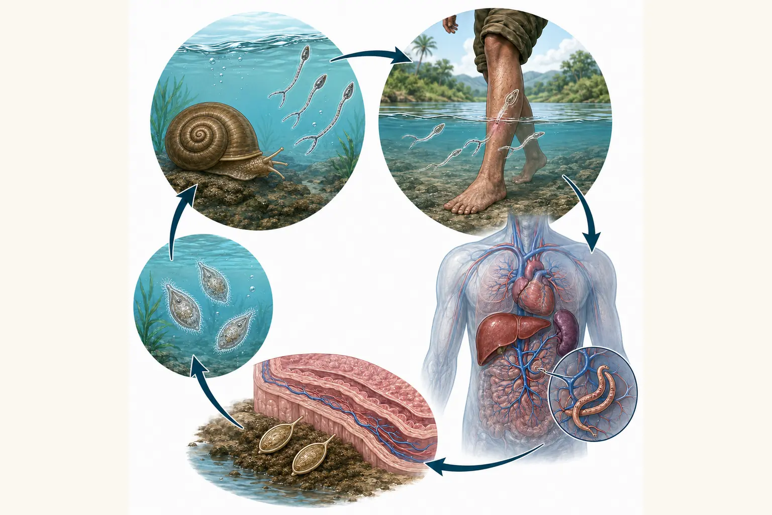 Ciclo de vida do Schistosoma mansoni entre o caramujo Biomphalaria, a água doce e o sistema porta humano