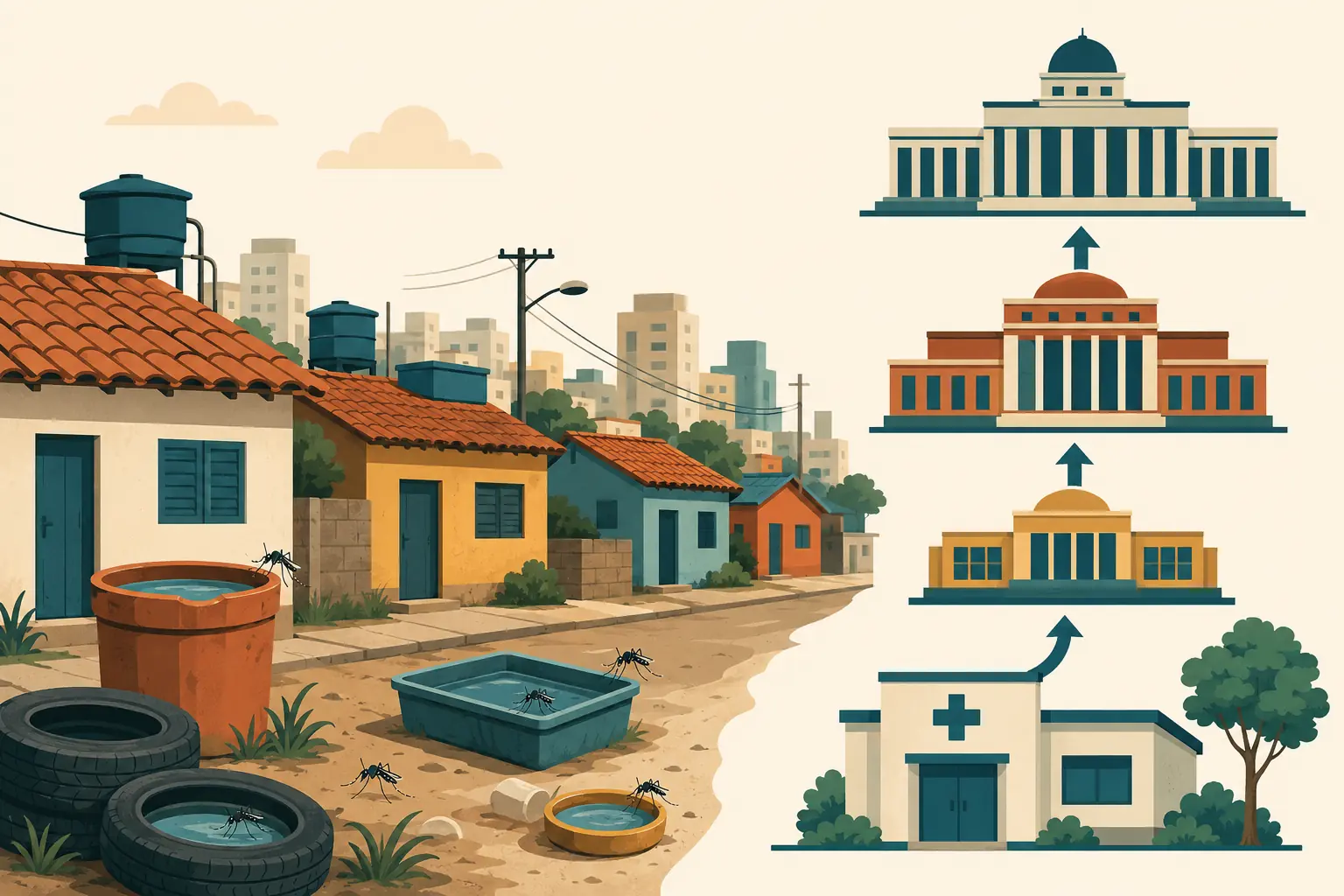 Ilustração de um bairro com criadouros de Aedes aegypti e uma unidade de saúde da qual partem três setas ascendentes até três instâncias administrativas empilhadas.