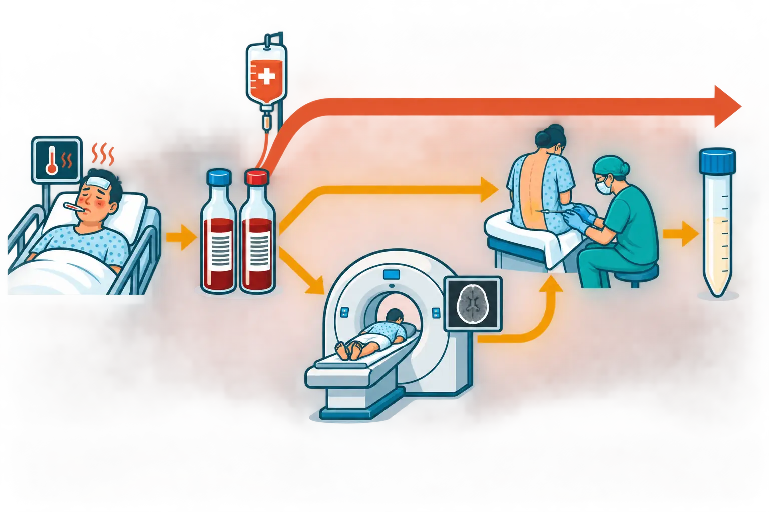 Caminho da esquerda para a direita: paciente febril, hemocultura, e então duas vias — uma direta para a punção lombar e outra passando antes pela tomografia — com a faixa do antibiótico atravessando as duas sem interrupção.