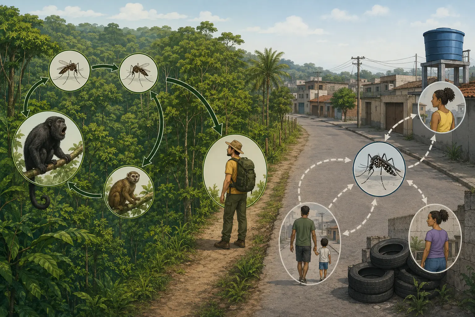 Faixa em três ambientes: mata com macacos e mosquitos silvestres ligados por setas cheias; borda de mata com um caminhante recebendo seta a partir dos mosquitos da copa; e cidade com mosquito urbano e pessoas ligados por setas tracejadas.