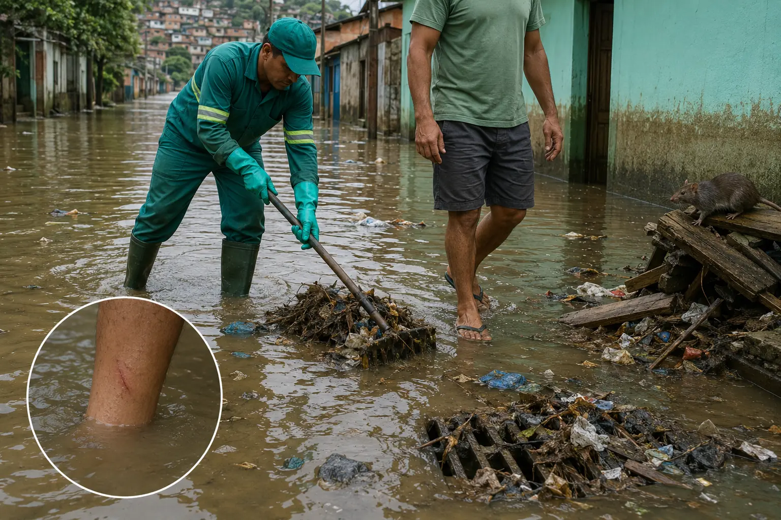 Rua alagada com entulho, lixo e um roedor; um trabalhador protegido por botas e luvas e, ao lado, uma pessoa descalça na mesma água, com destaque para uma pequena lesão de pele em contato com o líquido.