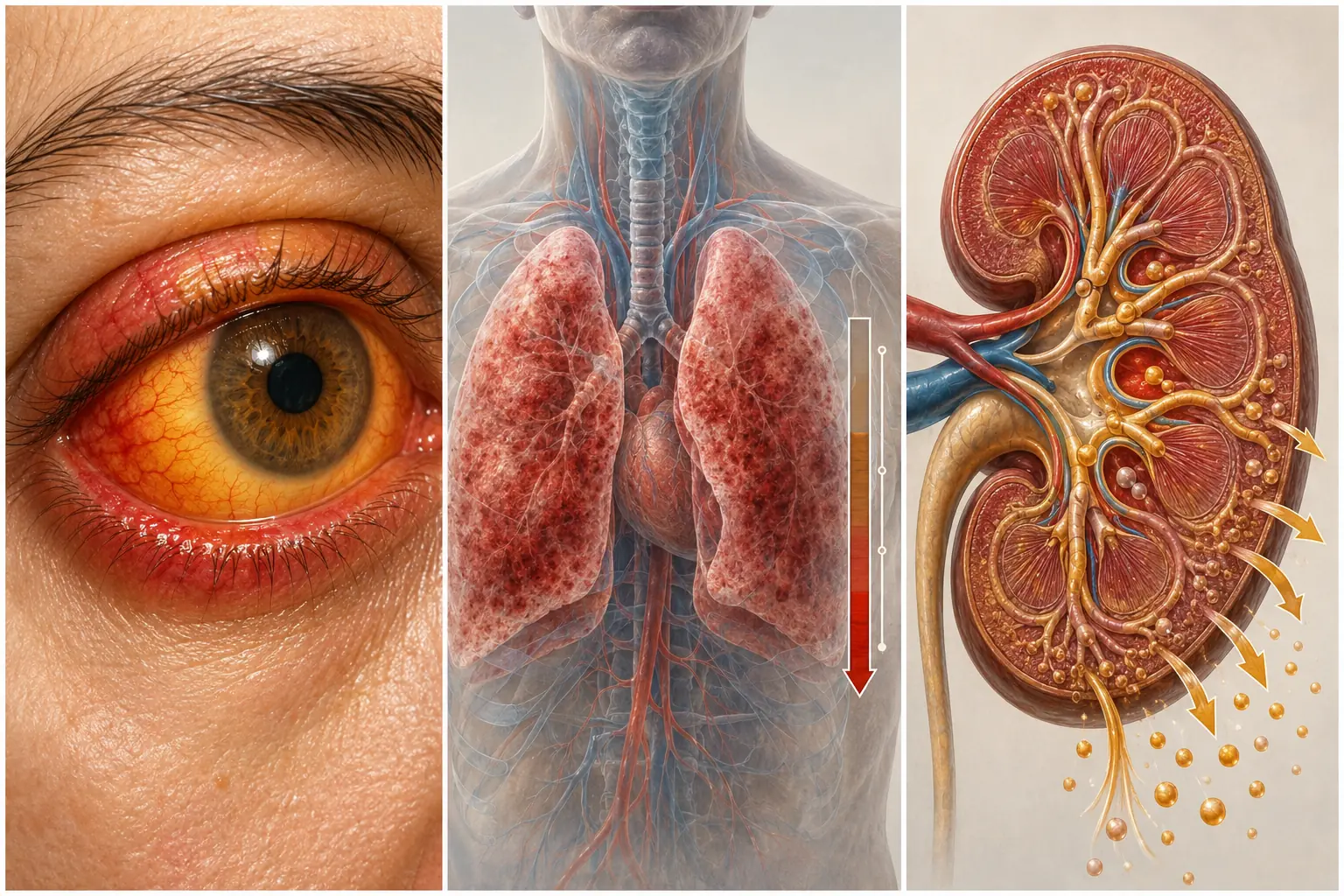 Três painéis: olho com esclera alaranjada e conjuntiva hiperemiada e edemaciada; pulmões com sombreamento alveolar difuso bilateral acompanhados de uma linha descendente; e rim em corte com túbulo destacado, fluxo urinário preservado e perda iônica distal.