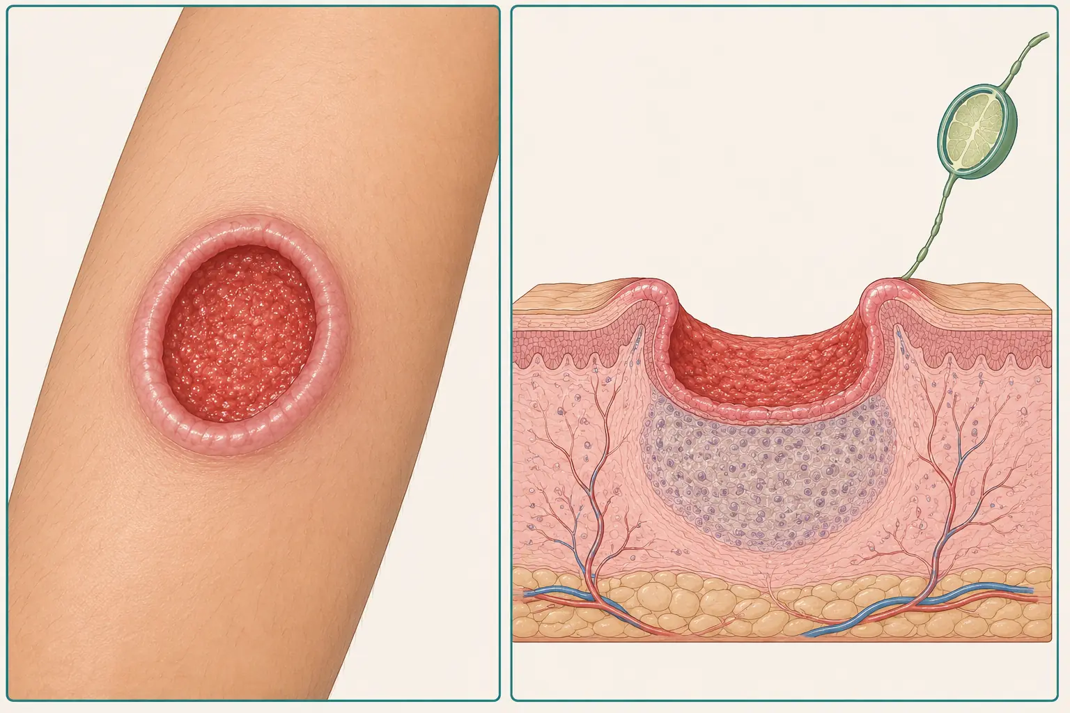 Ilustração em dois painéis de uma úlcera cutânea: em vista superior, lesão arredondada de bordas bem delimitadas e elevadas com fundo de granulações grosseiras; em corte, a mesma lesão com bordas evertidas e base infiltrada e firme abaixo do fundo.