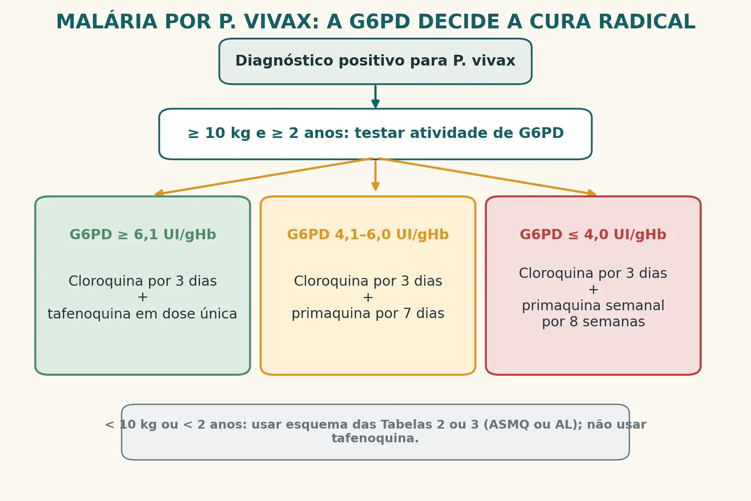 Fluxograma do tratamento da malária por Plasmodium vivax com as três faixas de atividade de G6PD e o esquema correspondente a cada uma.