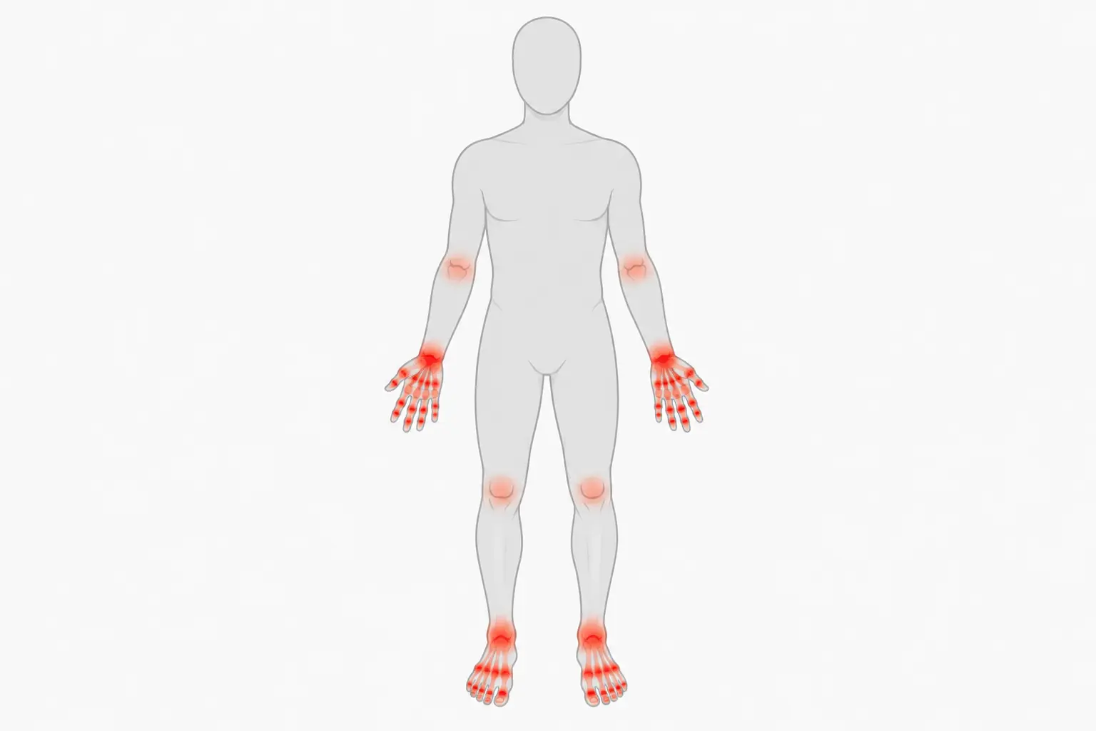 Silhueta humana vista de frente, com a cabeça apenas esboçada e sem traços de rosto, mostrando destaque simétrico em punhos, mãos, tornozelos e pés, e destaque mais discreto em joelhos e cotovelos.