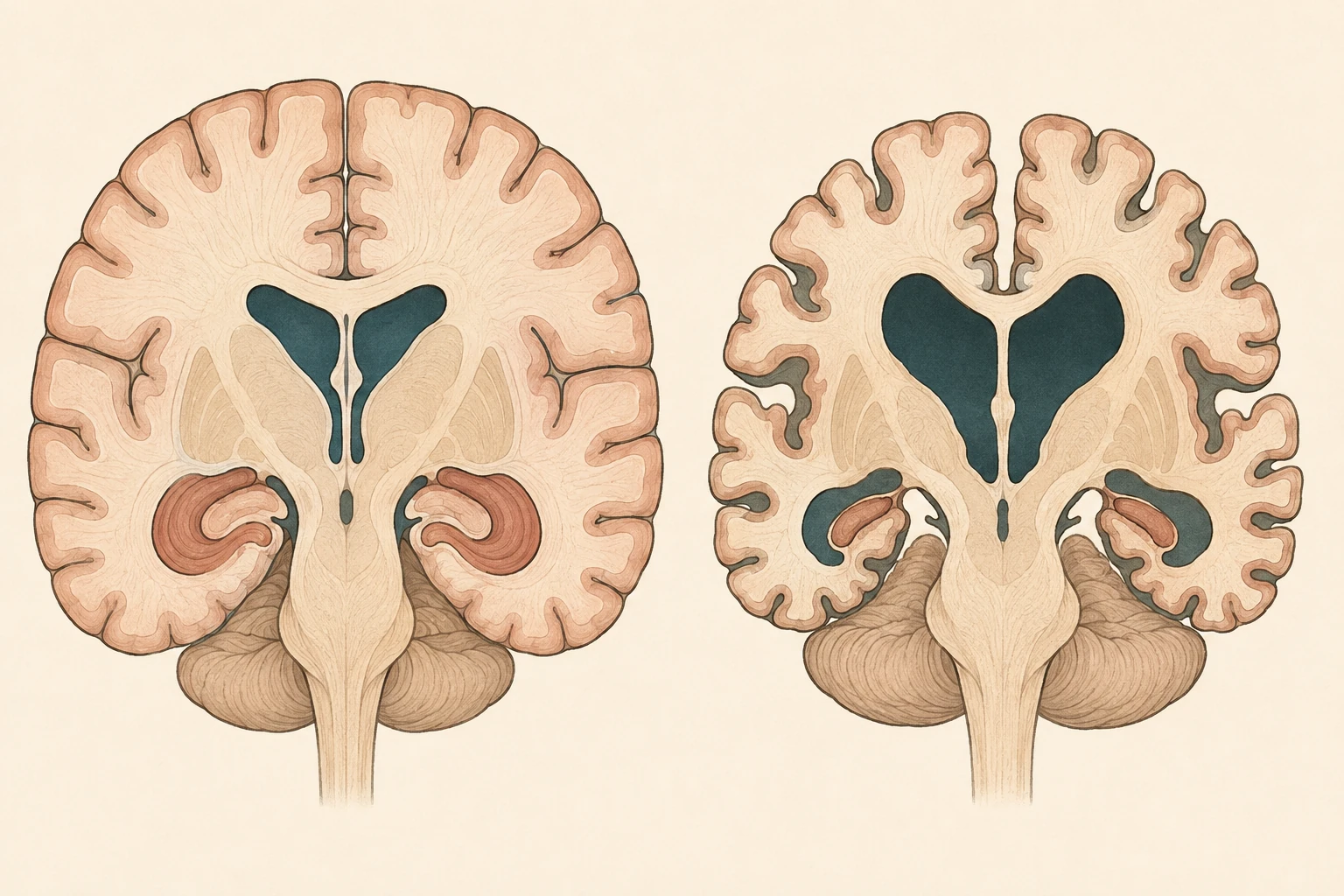 Corte coronal comparando um encéfalo saudável e um com doença de Alzheimer, este com hipocampos atrofiados, ventrículos alargados e sulcos corticais aprofundados.