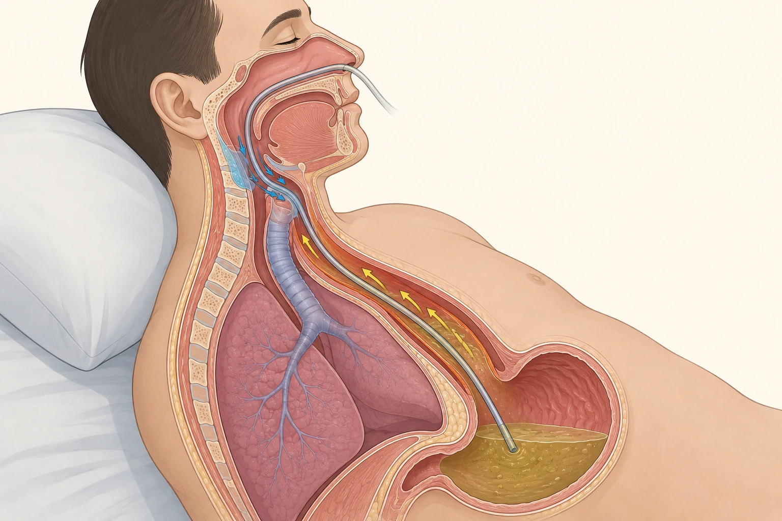 Corte sagital de cabeça, pescoço, tórax e estômago de uma pessoa reclinada, com uma sonda entrando pelo nariz, descendo pela faringe e pelo esôfago até o estômago e mantendo entreaberta a junção com o esôfago, e setas que mostram saliva escorrendo para a via aérea e conteúdo gástrico subindo.