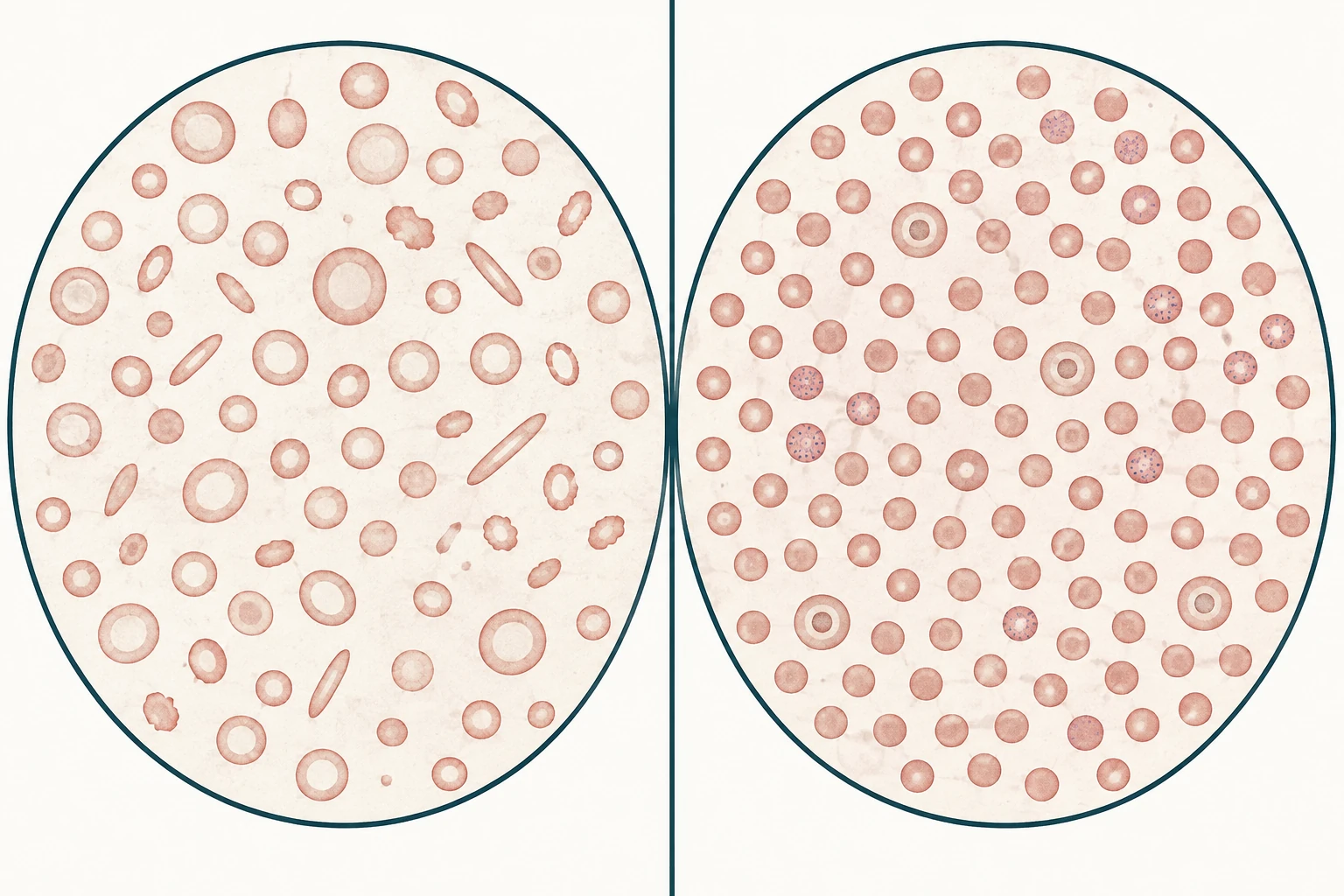Comparação de esfregaço de sangue periférico em dois painéis: à esquerda, hemácias hipocrômicas de tamanhos e formas variados, com células em lápis, típicas de anemia ferropriva; à direita, hemácias pequenas e uniformes, com hemácias em alvo e pontilhado basófilo, típicas de traço talassêmico.