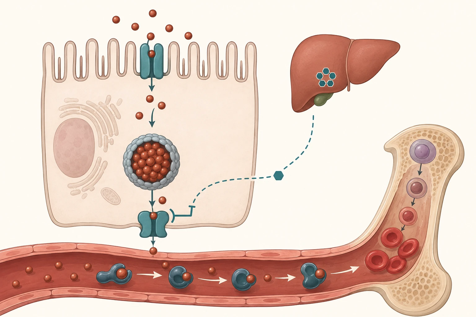 Ilustração do metabolismo do ferro: absorção pelo enterócito, armazenamento em ferritina, exportação pela ferroportina bloqueada pela hepcidina de origem hepática e transporte pela transferrina até a medula óssea.