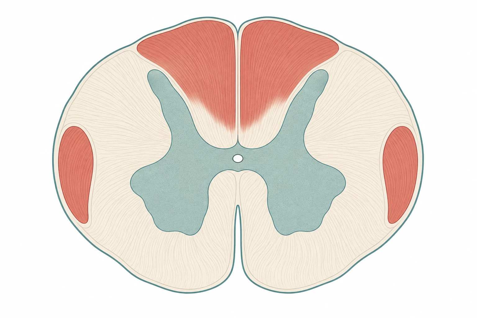 Corte transversal da medula espinhal com os cordões posteriores e os tratos corticoespinhais laterais destacados em vermelho, indicando desmielinização.