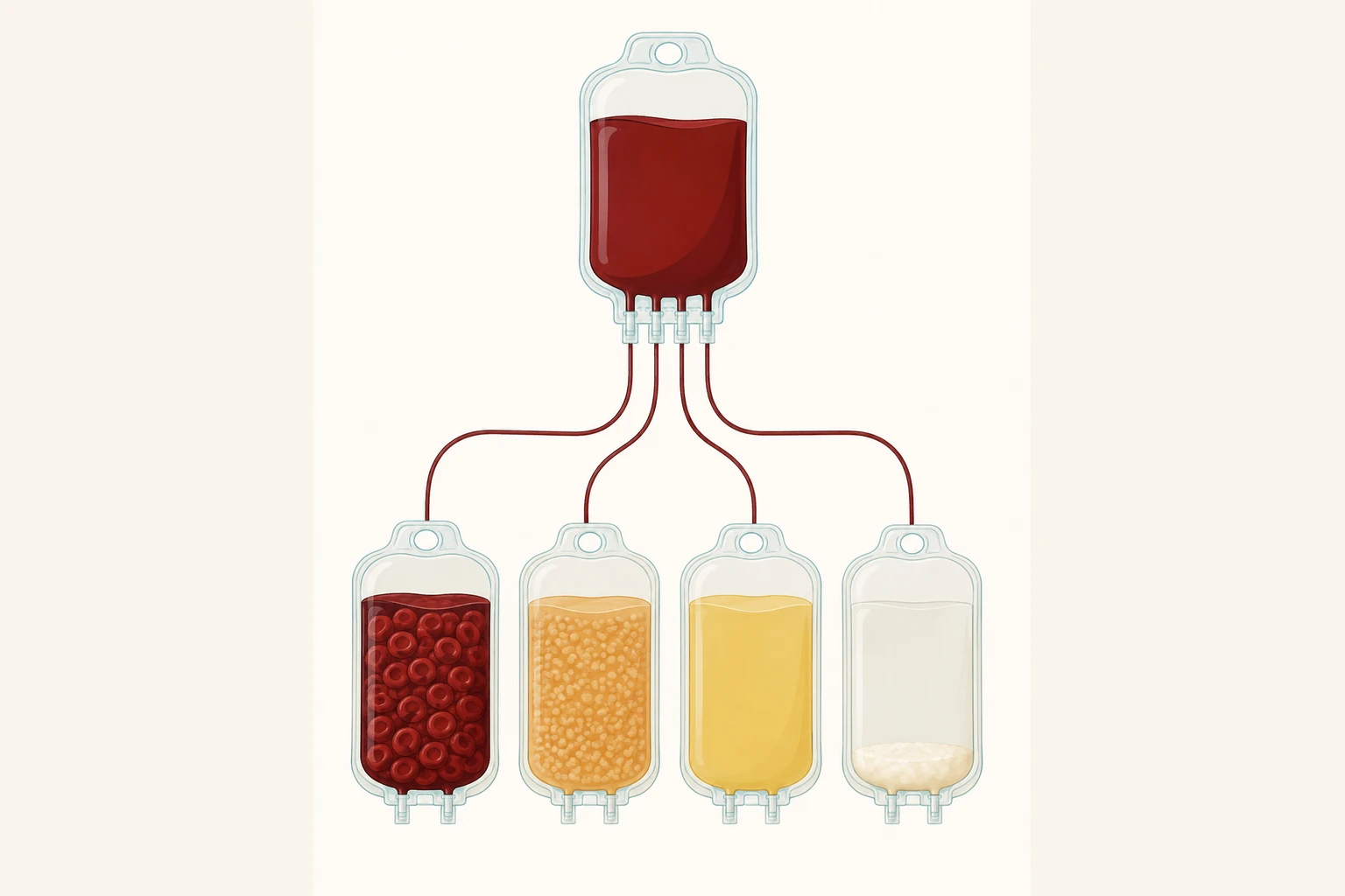 Uma bolsa de sangue total separando-se em quatro bolsas menores: hemácias, plaquetas, plasma e crioprecipitado.
