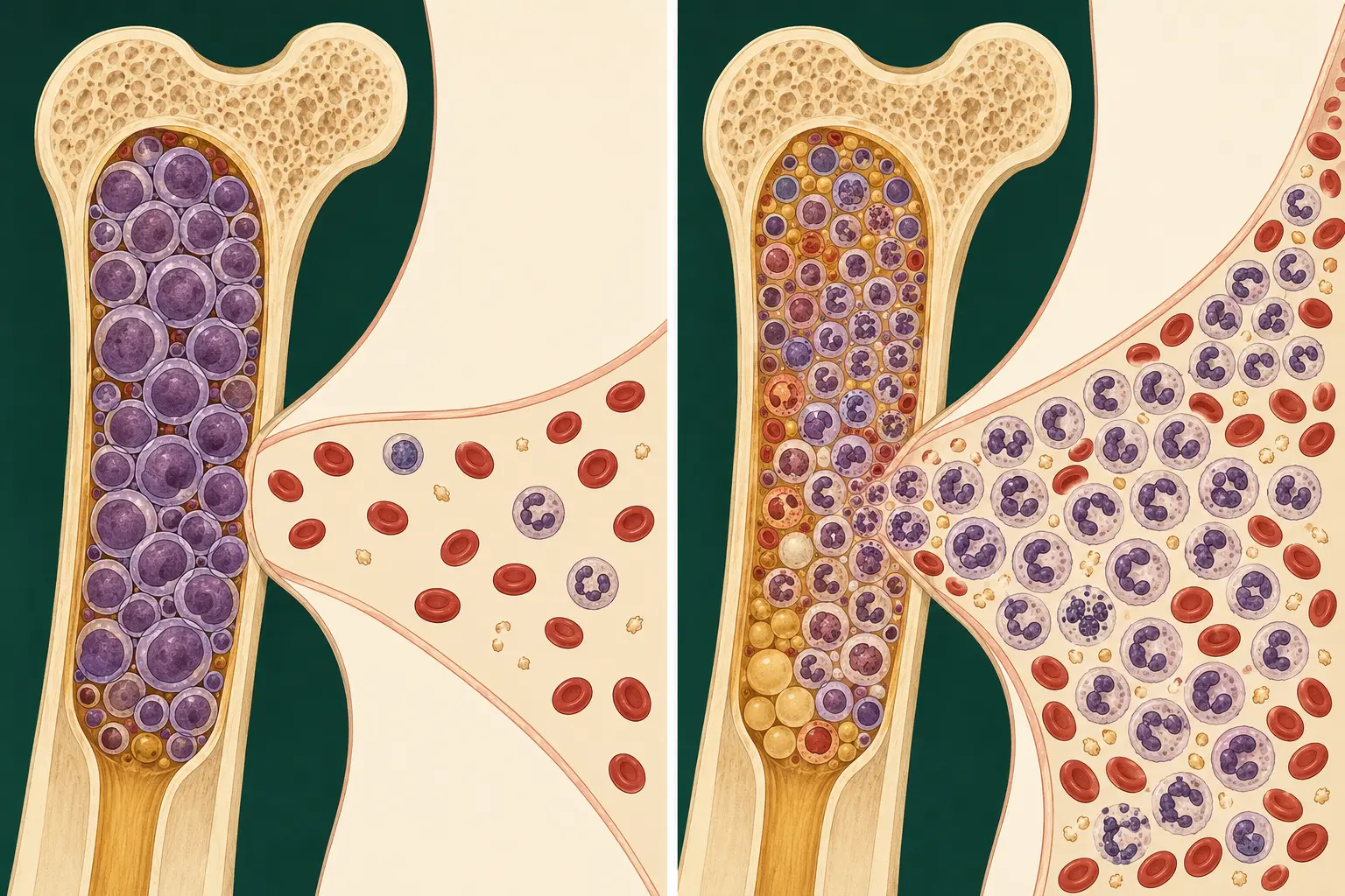 Esquema comparando medula tomada por blastos, na leucemia aguda, com medula que produz células maduras em excesso, na leucemia crônica, e os hemogramas que cada uma gera