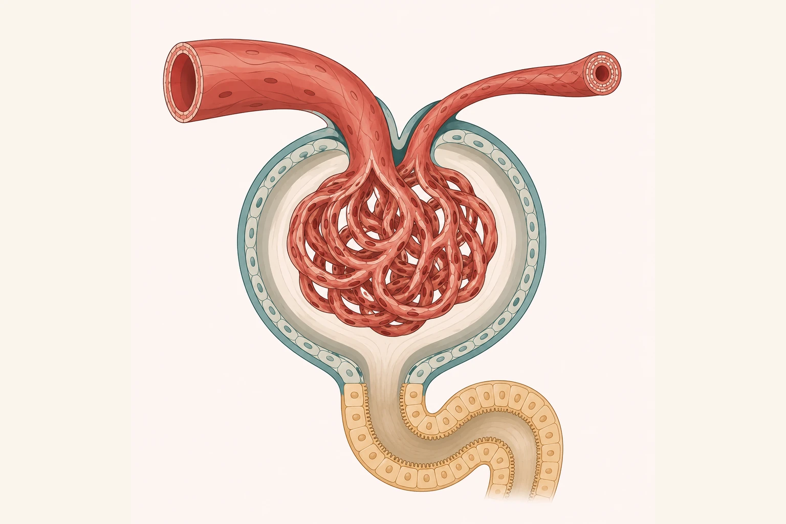 Corte esquemático de um glomérulo com a arteríola aferente larga e dilatada e a arteríola eferente estreitada.