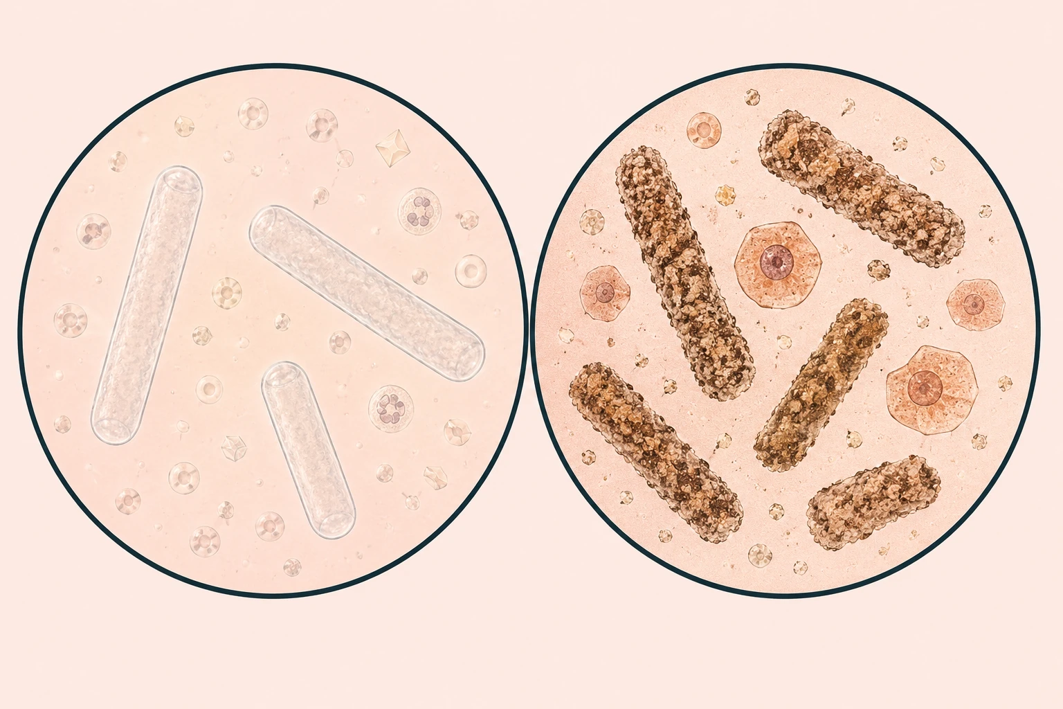 Dois campos de microscopia de sedimento urinário lado a lado: cilindros hialinos translúcidos à esquerda e cilindros granulosos marrom-lodo com células epiteliais à direita.