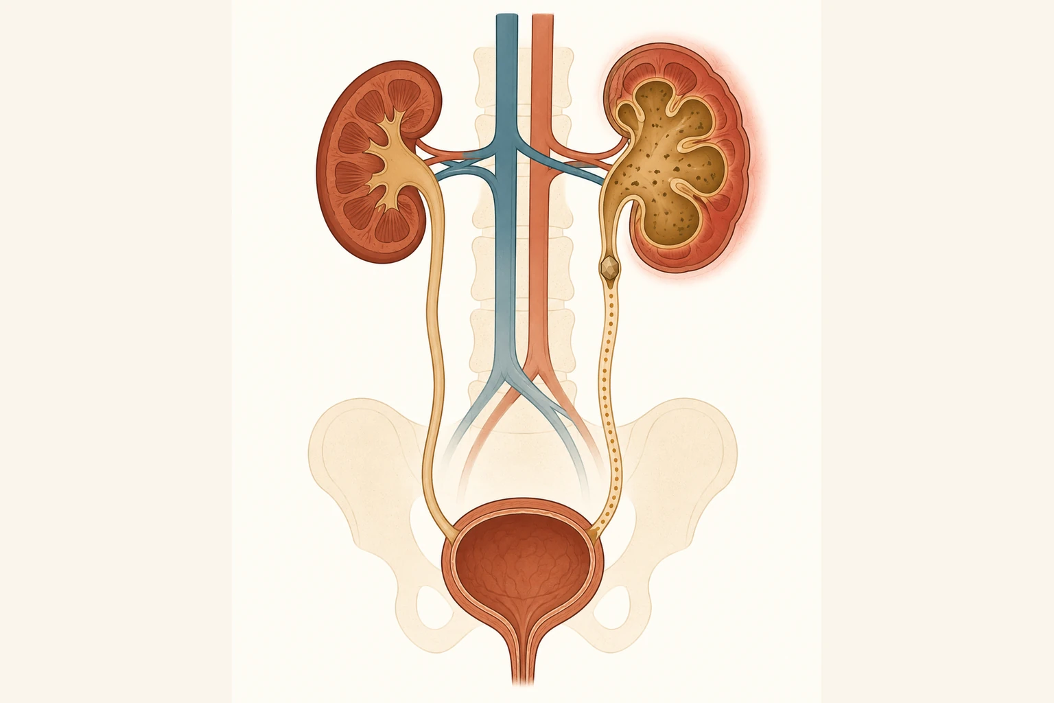 Esquema coronal do trato urinário. À esquerda, rim e ureter de aspecto normal. À direita, um cálculo obstrui o ureter alto; acima da obstrução, a pelve e os cálices estão dilatados e preenchidos por urina infectada, e o parênquima renal aparece inflamado. Uma linha pontilhada marca o trajeto ascendente da infecção desde a bexiga.
