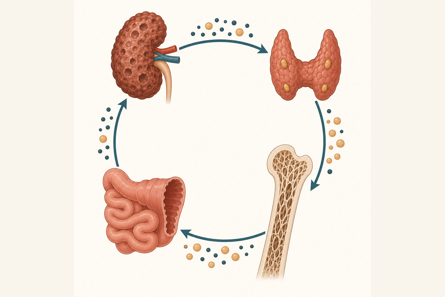 Circuito em anel ligando um rim de contorno irregular, um par de glândulas ovais junto à tireoide, um osso longo com trabéculas rarefeitas e um segmento de intestino, com esferas de dois tamanhos circulando entre eles.