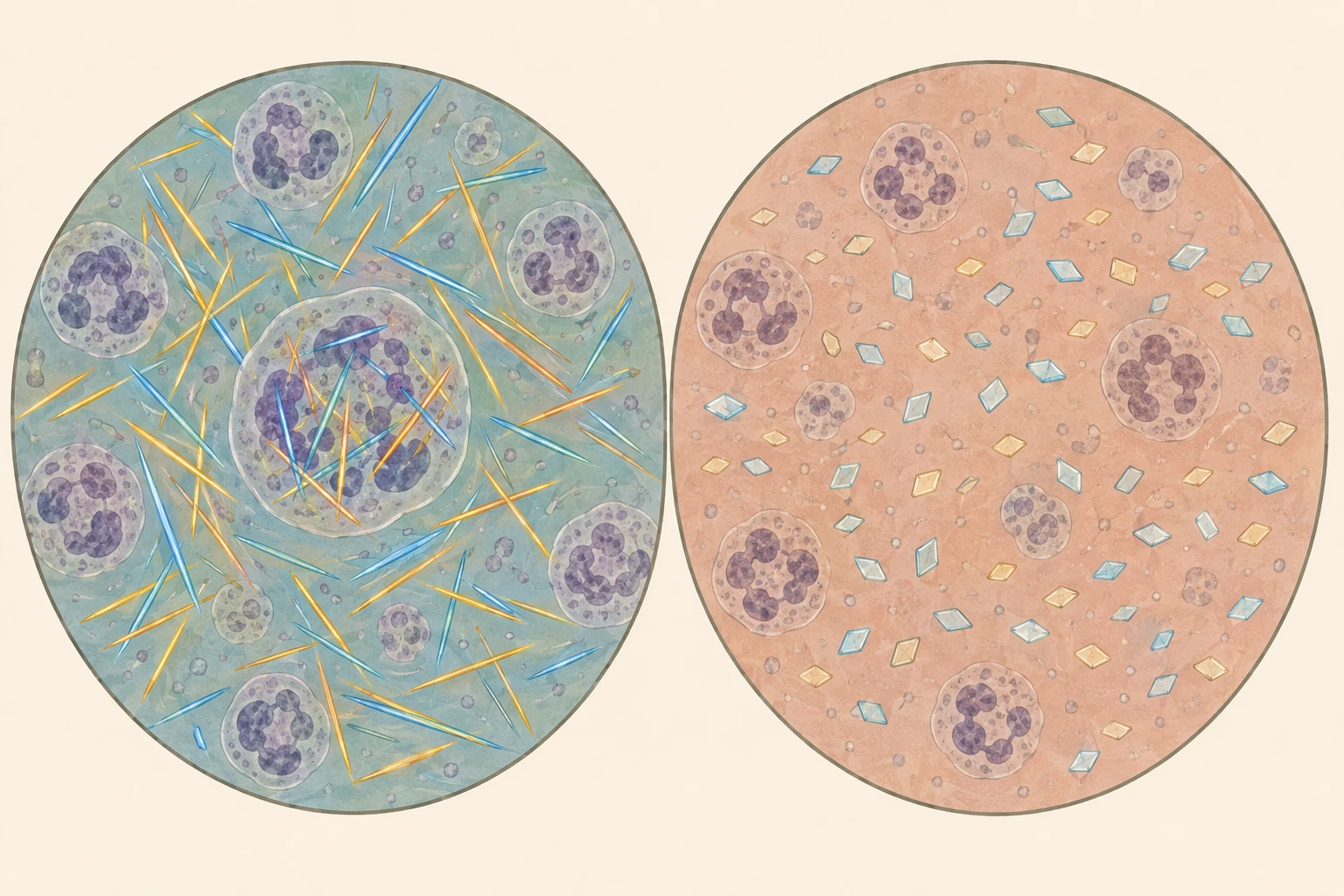 Comparação microscópica entre cristais em agulha de urato monossódico, alguns dentro de um neutrófilo, e cristais romboides de pirofosfato de cálcio.