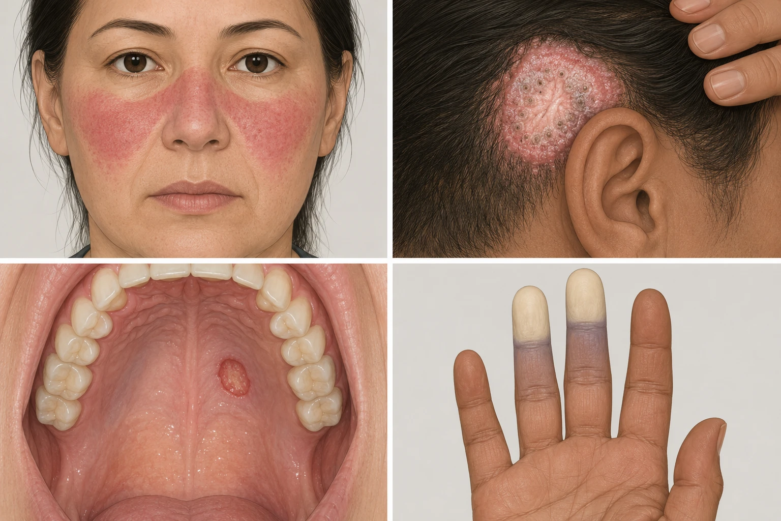 Prancha com quatro achados mucocutâneos do lúpus: eritema malar poupando o sulco nasolabial, lesão discoide com cicatriz atrófica, úlcera oral no palato e fenômeno de Raynaud nos dedos.