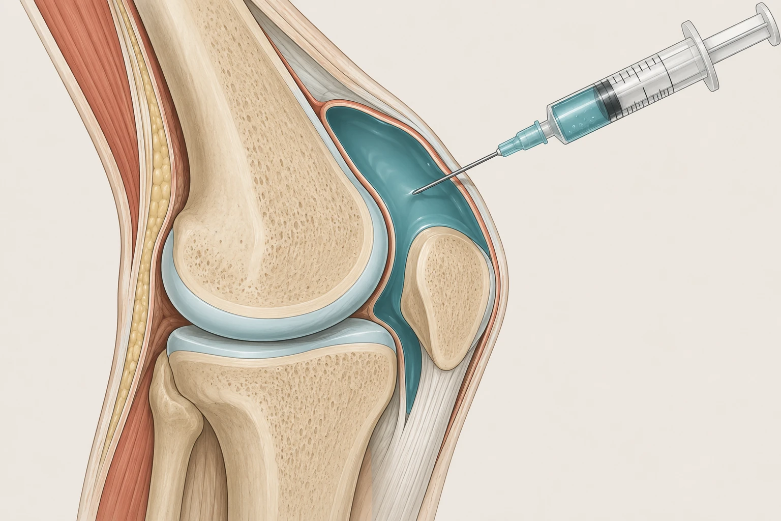 Corte esquemático de joelho com a cápsula distendida por derrame e uma agulha de punção entrando pelo recesso suprapatelar lateral.